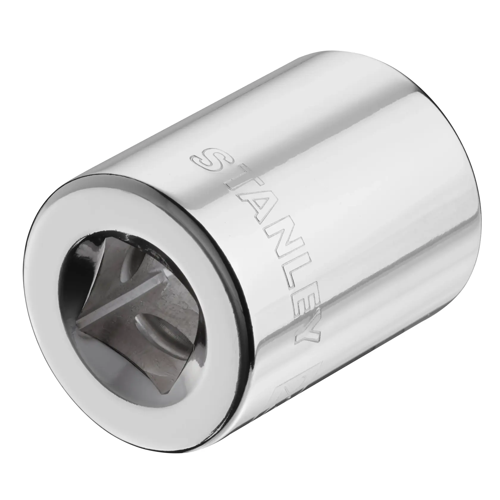 STANLEY STMT86523-0 Chrom-Steckschlüssel, schräge Ansicht, glänzende Oberfläche, Fotografie für Handwerkzeugzubehör.