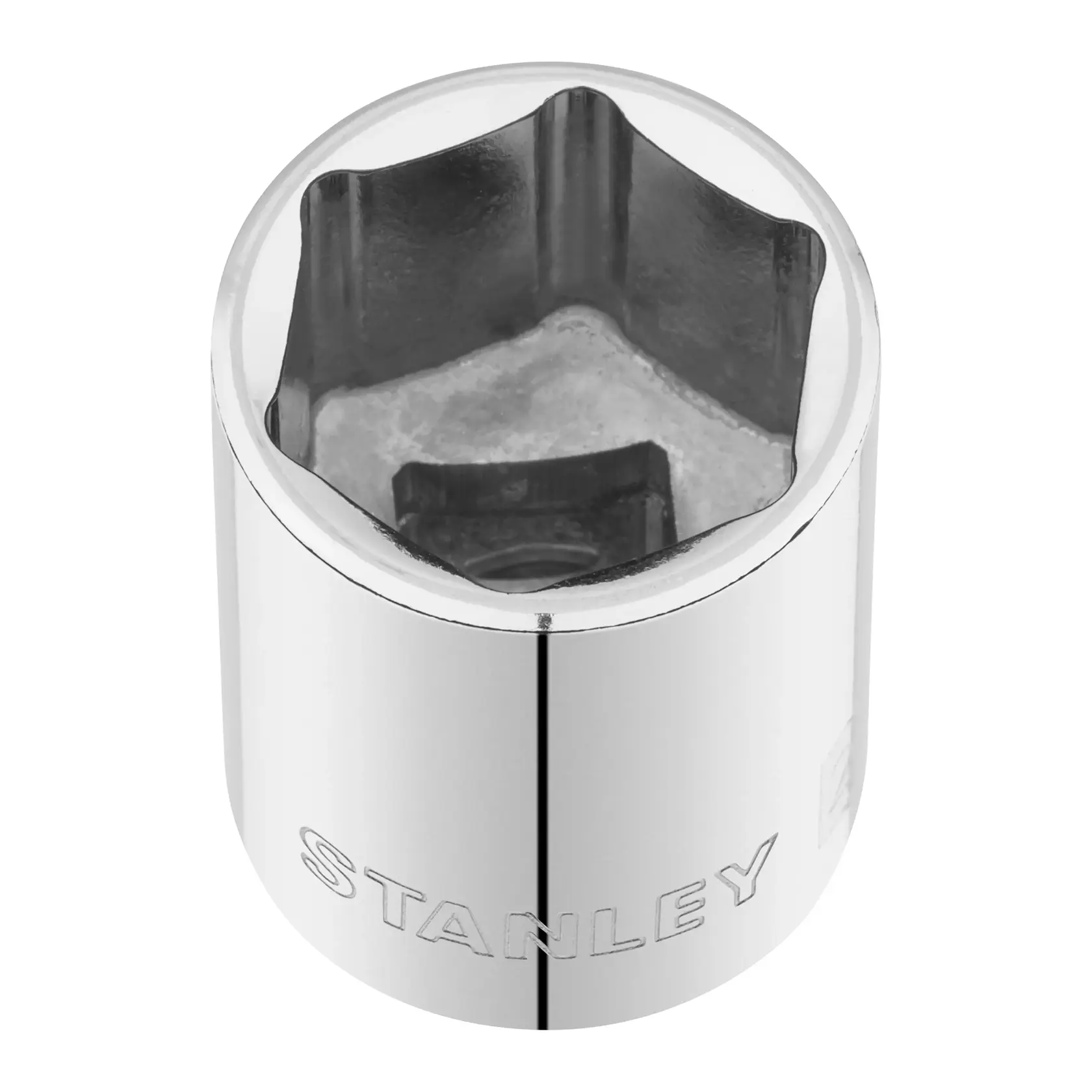 STANLEY STMT86524-0 Chrom-Steckschlüsseleinsatz, sechskant, aus schräger Draufsicht auf weißem Hintergrund.