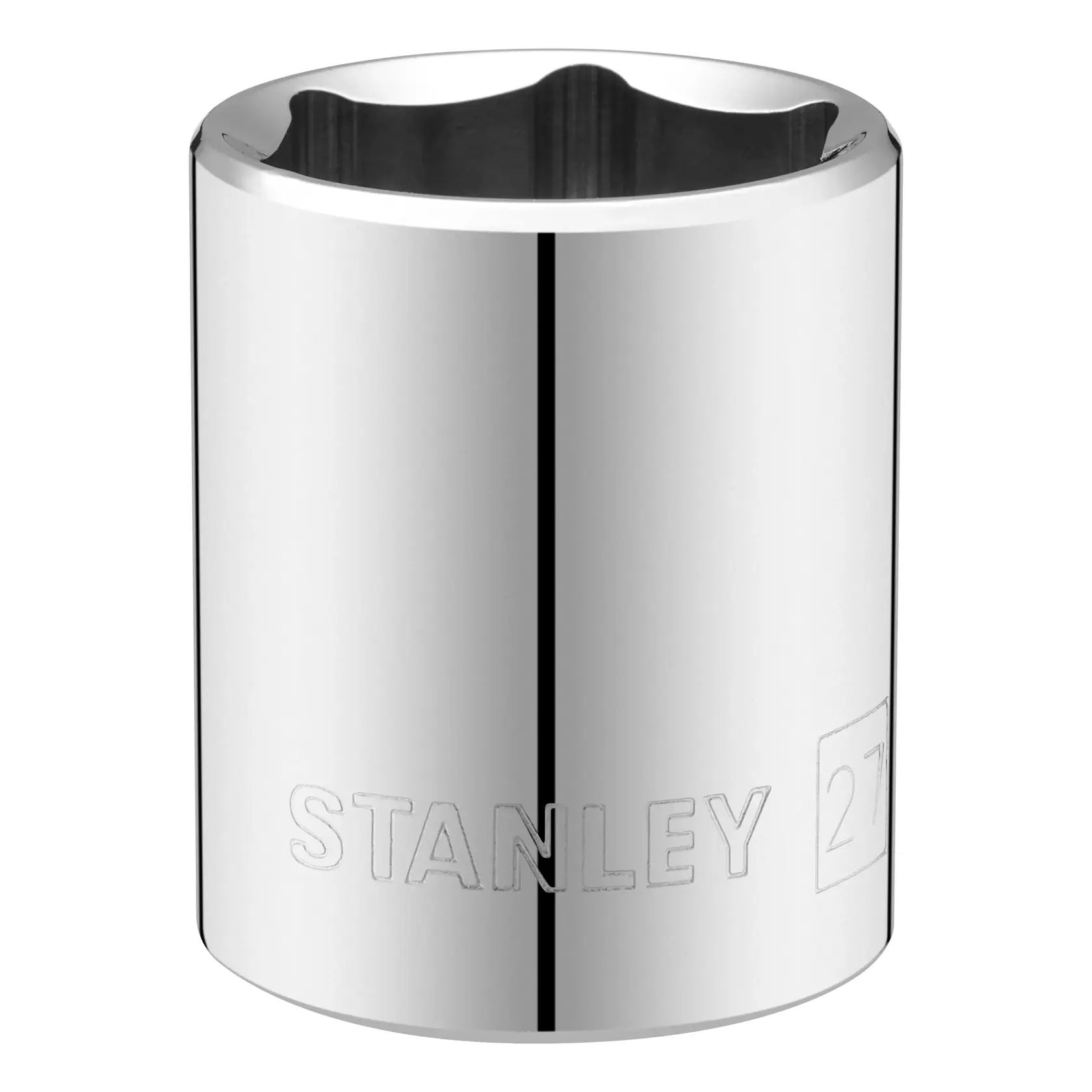 STANLEY STMT86527-0 Chrom-Steckschlüssel, zylindrischer Frontwinkel, Werkzeugzubehör auf weißem Hintergrund.