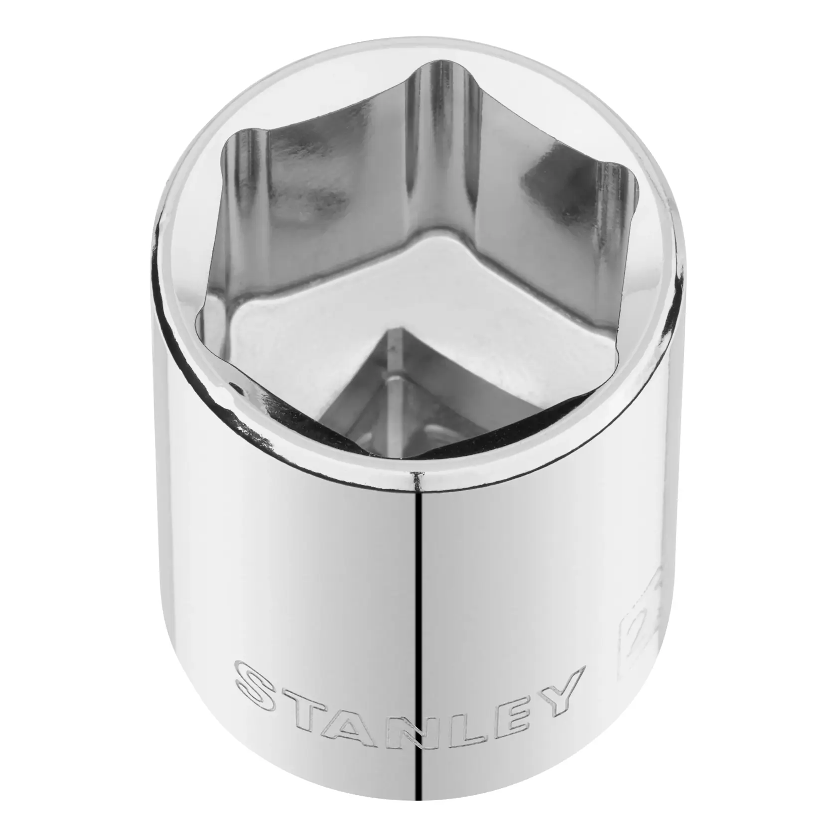 Foto von STANLEY STMT86527-0 Chrom-Stecknuss, Draufsicht mit Sechskant-Design auf weißem Hintergrund.