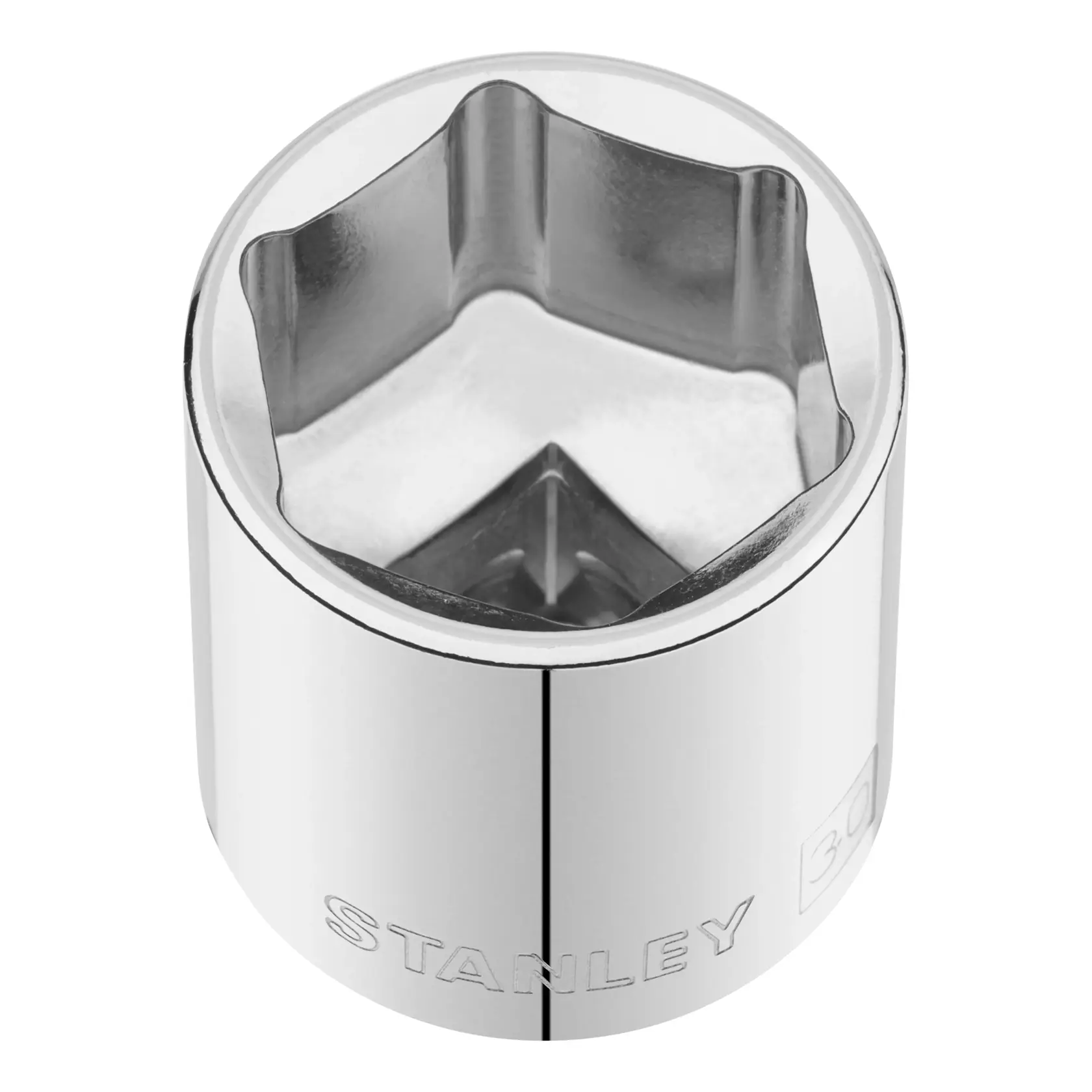 STANLEY STMT86530-0 Chrom-Stecknuss, 30mm, obere Ansicht, sechskant, Werkzeugzubehör auf weißem Hintergrund.
