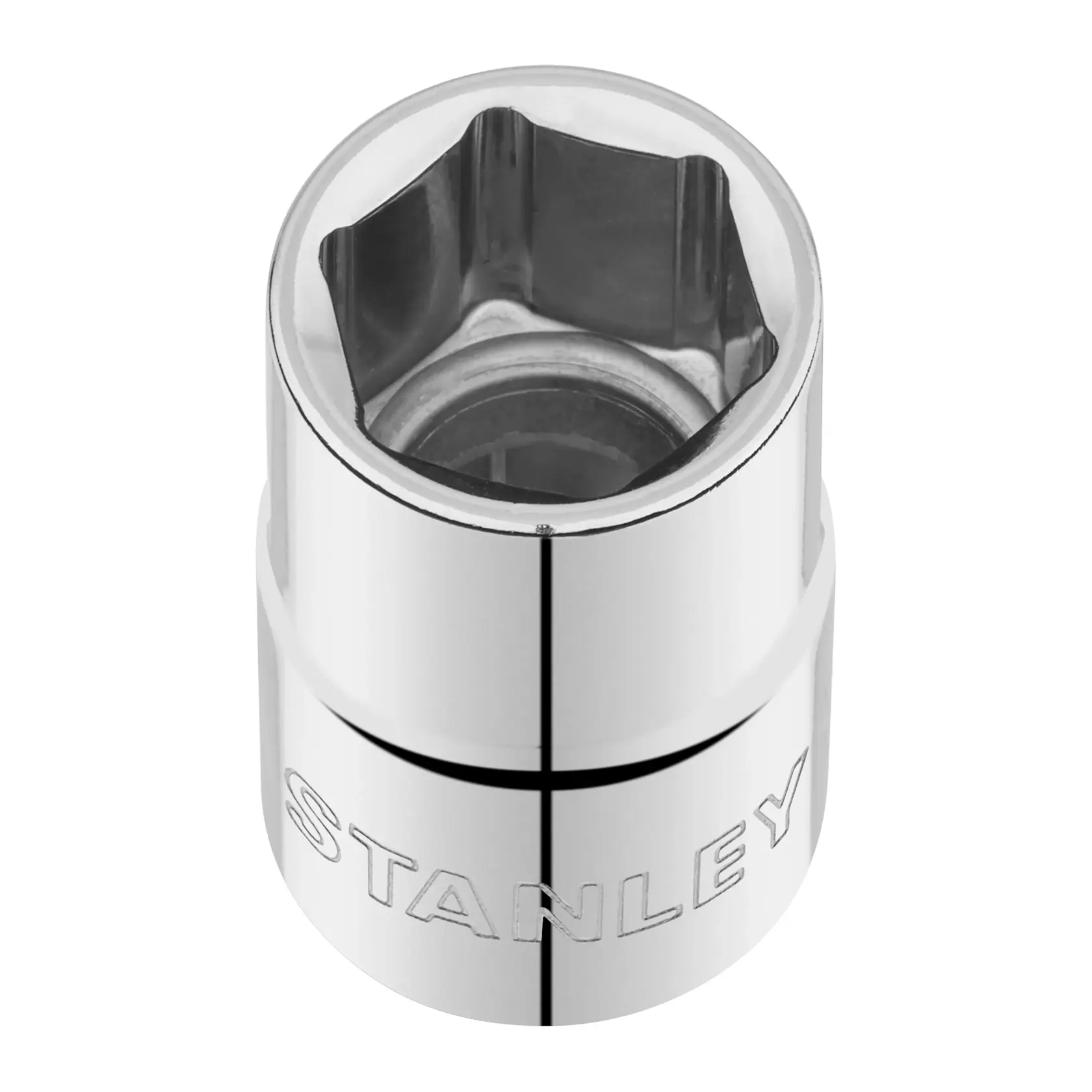 STANLEY STMT88738-0 Chrom-Sechskantnuss, Nahaufnahme, weißer Hintergrund.