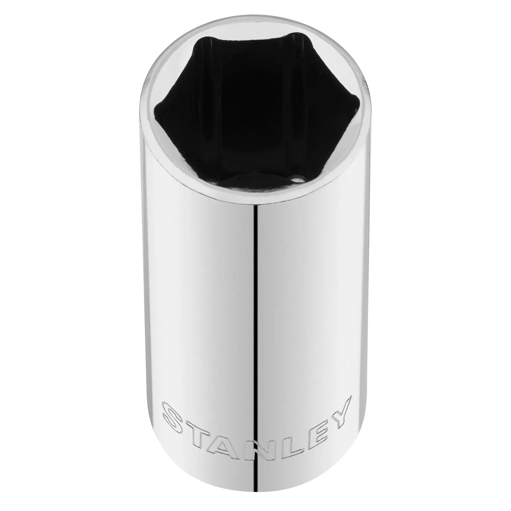 Foto der STANLEY STMT88941-0 Chrom-Stecknuss, sechseckiges Design, stehend auf weißem Hintergrund.