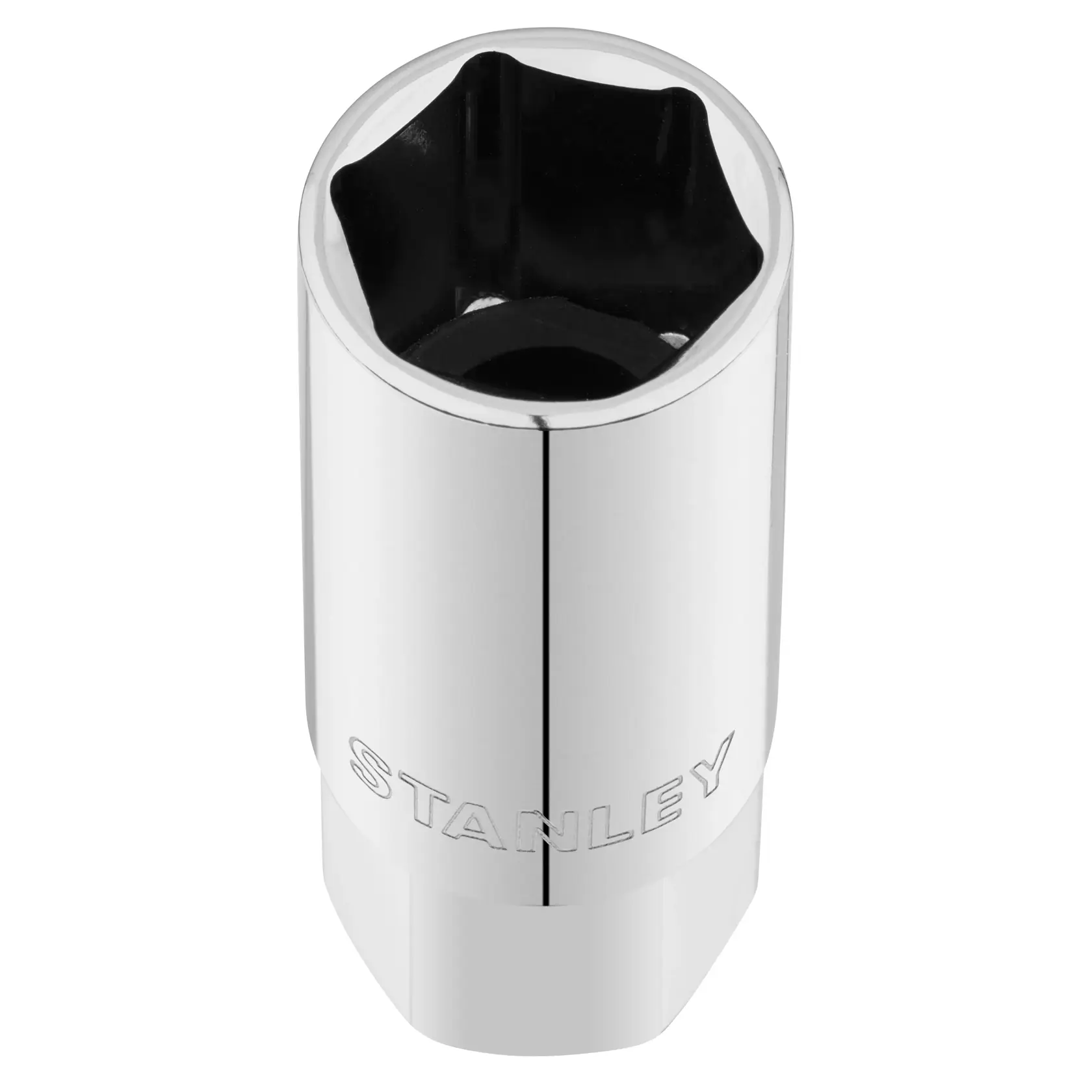 STANLEY STMT88994-0 Chrom-Stecknuss, Sechskant-Design, Produktfoto, Draufsicht, weißer Hintergrund.
