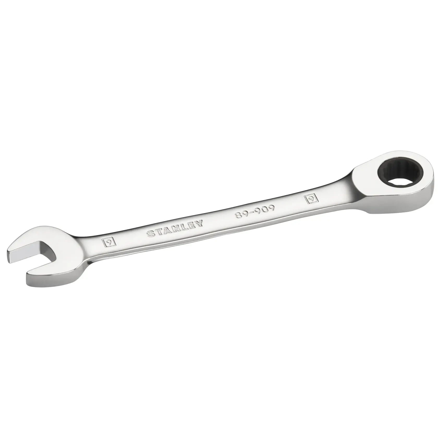 STANLEY STMT89909-0 chrome combination wrench, angled, open end and ring, white background.