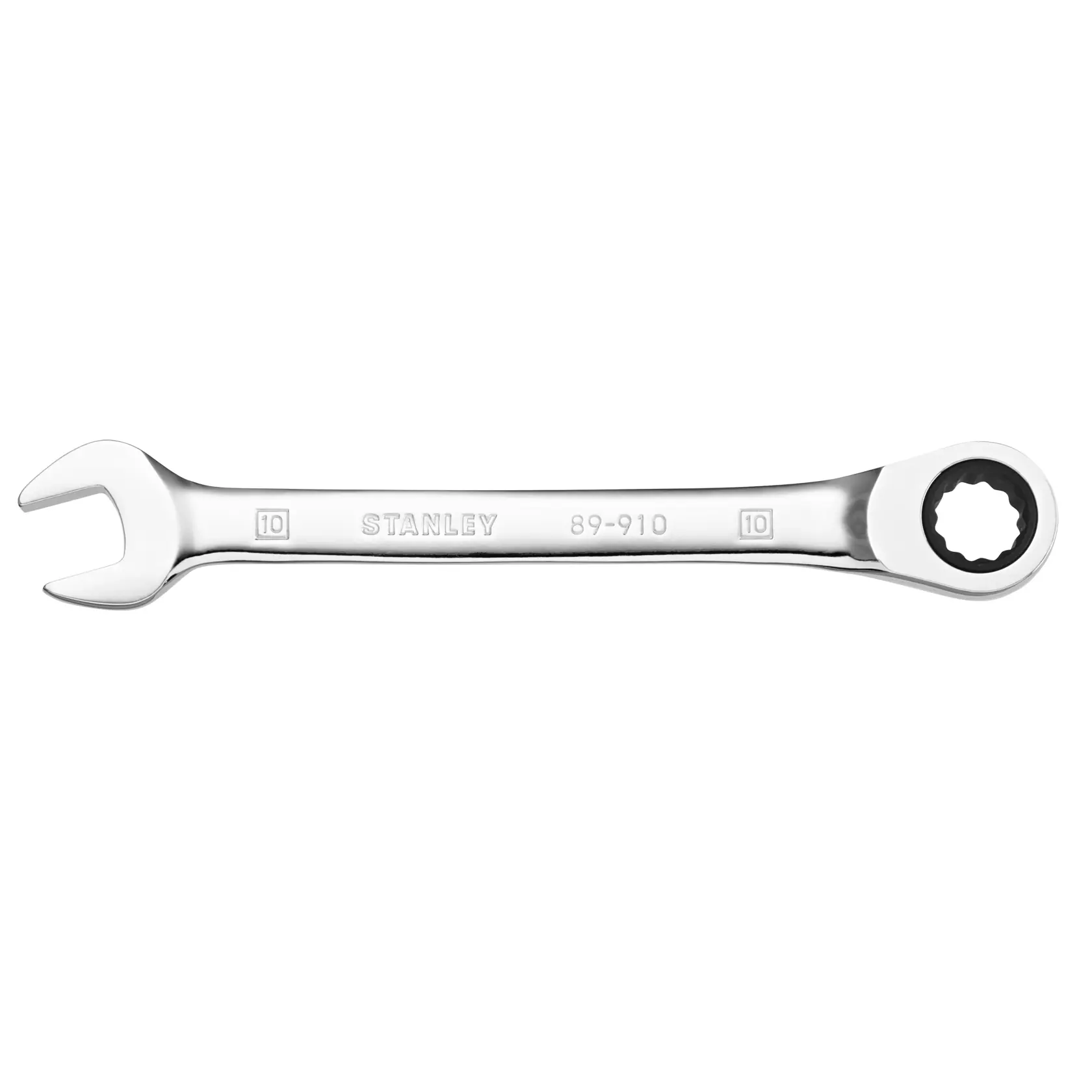 STANLEY STMT89910-0 Ratschenringschlüssel, silbernes Finish, Frontansicht, Größe 10mm.
