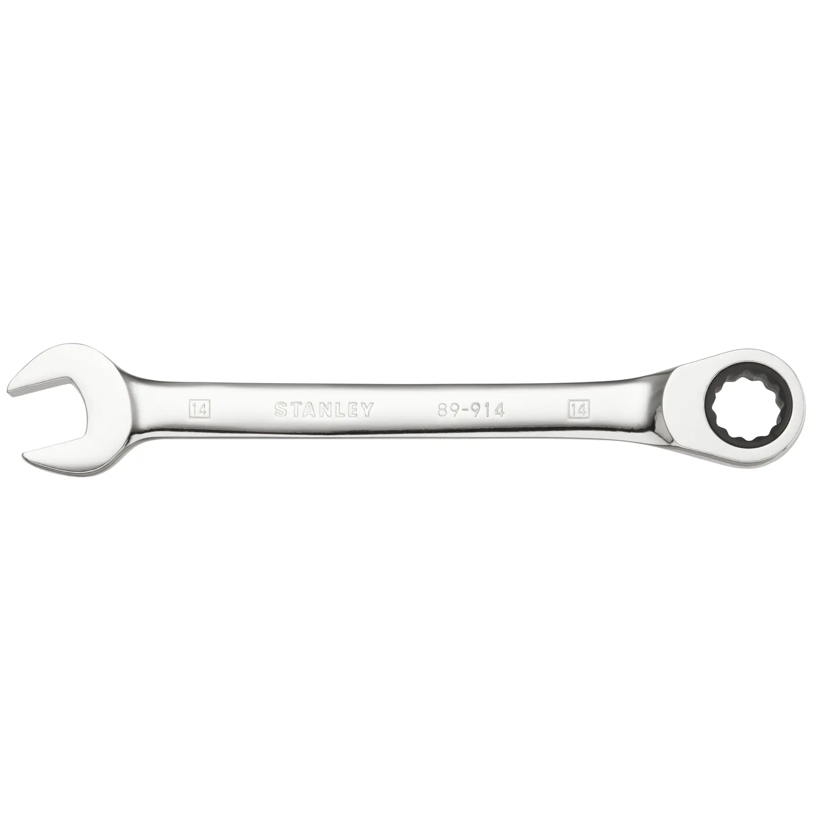 STANLEY STMT89914-0 combination ratcheting wrench, silver, side view on white background.