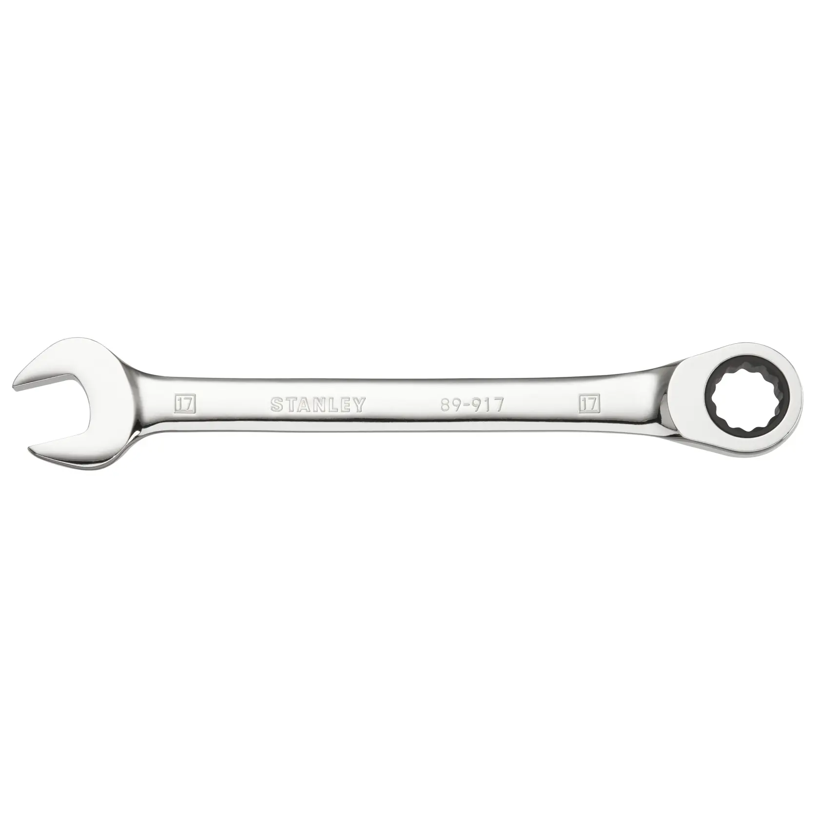 STANLEY STMT89917-0 Ratschen-Ringschlüssel, silber, Frontansicht auf weißem Hintergrund.