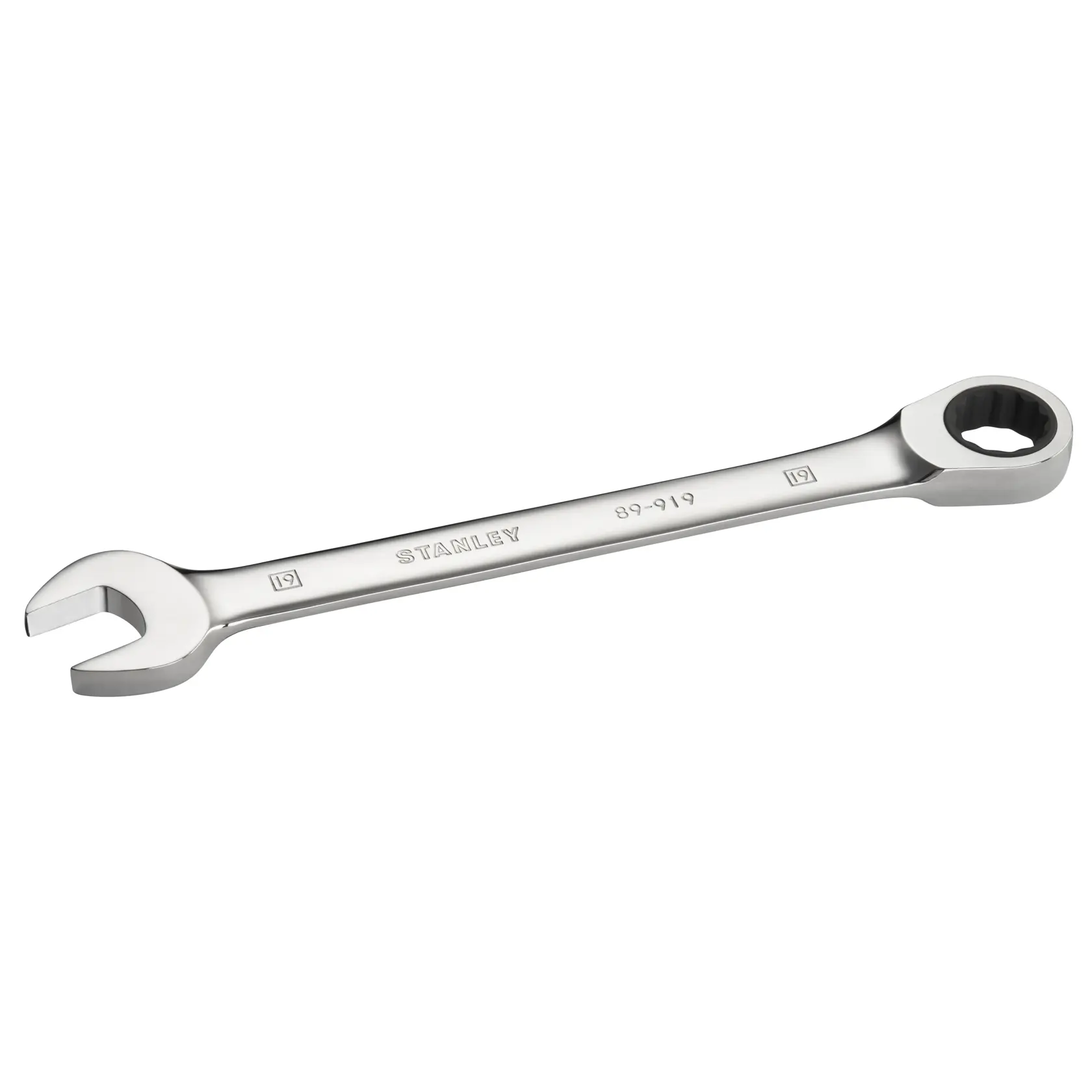 Foto des STANLEY STMT89919-0 Ring-Maulschlüssels, Chrom-Finish, offene und Ringschlüsselseite, auf weißem Hintergrund.