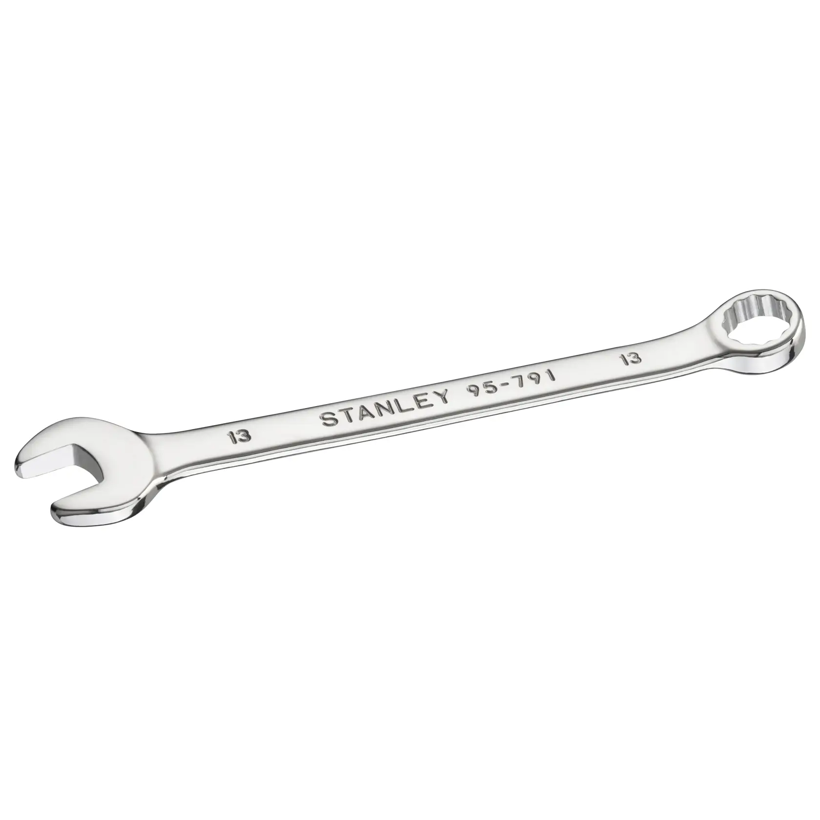 STANLEY STMT95791-0 Kombinationsschlüssel mit Maul- und Ringschlüssel, Chrom-Finish, links geneigt auf weißem Hintergrund.