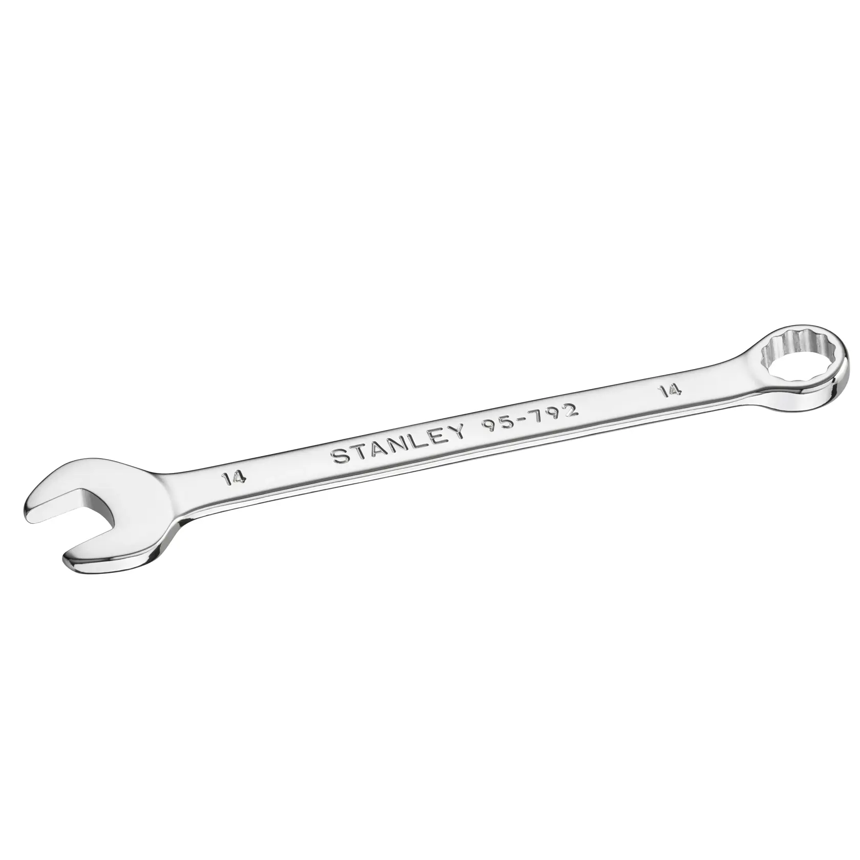 STANLEY STMT95792-0 chrome combination wrench, 14mm, side angle photo on white background.