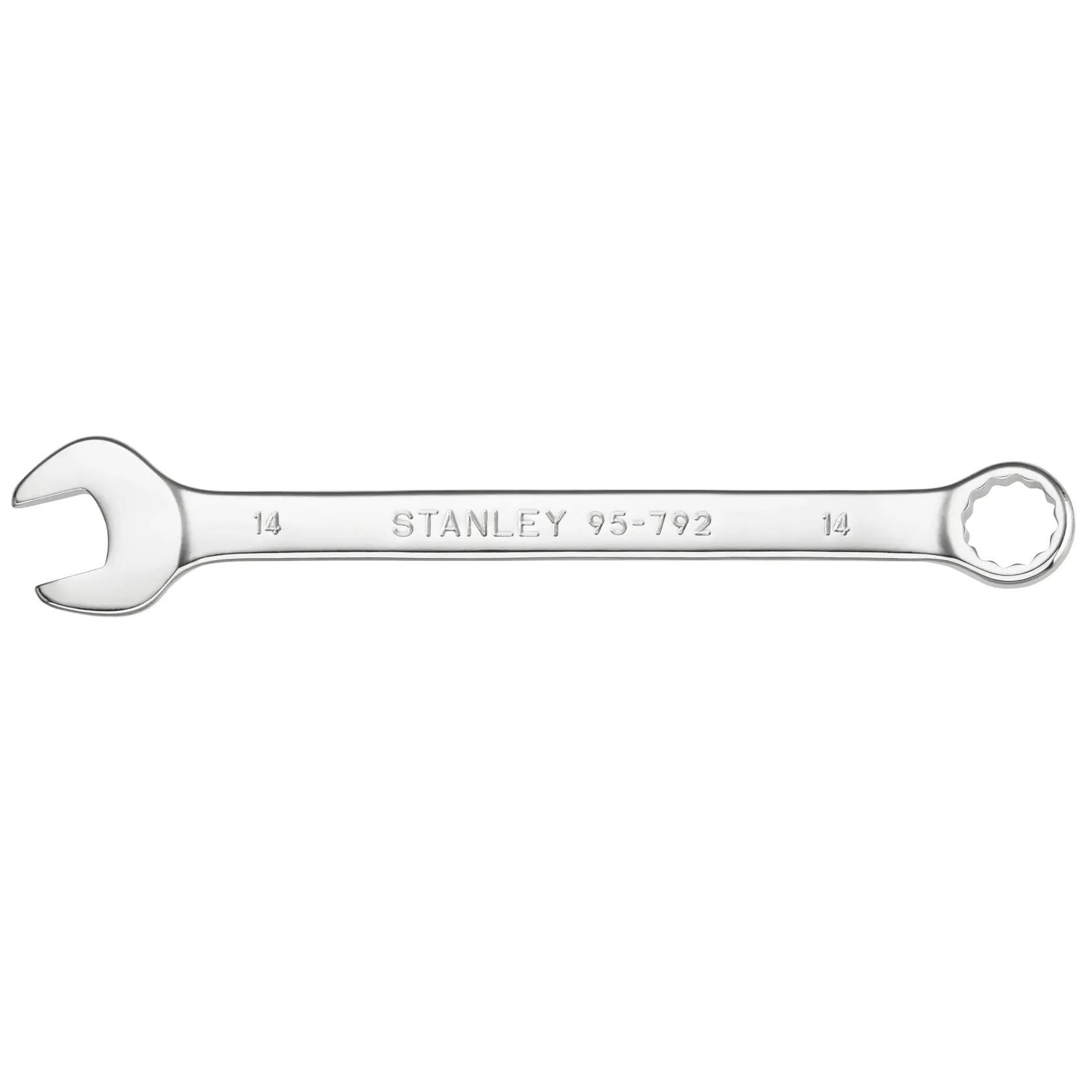 STANLEY STMT95792-0 combination wrench, silver finish, 14 mm, top view on white background.