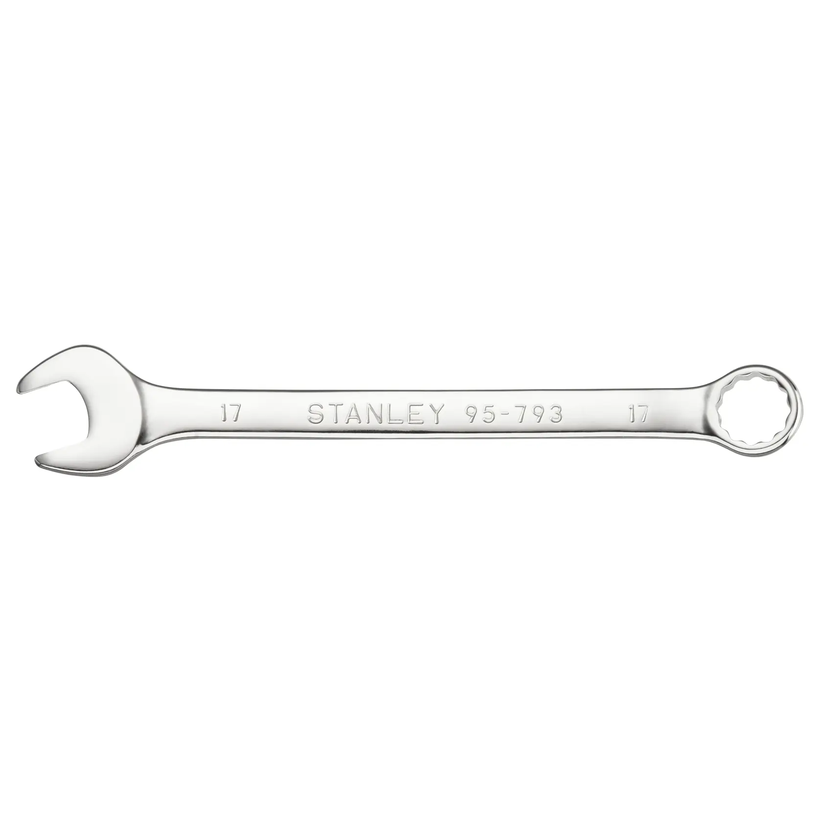 STANLEY STMT95793-0 Kombinationsschlüssel, Chromfinish, Fotografie, Draufsicht auf weißem Hintergrund.