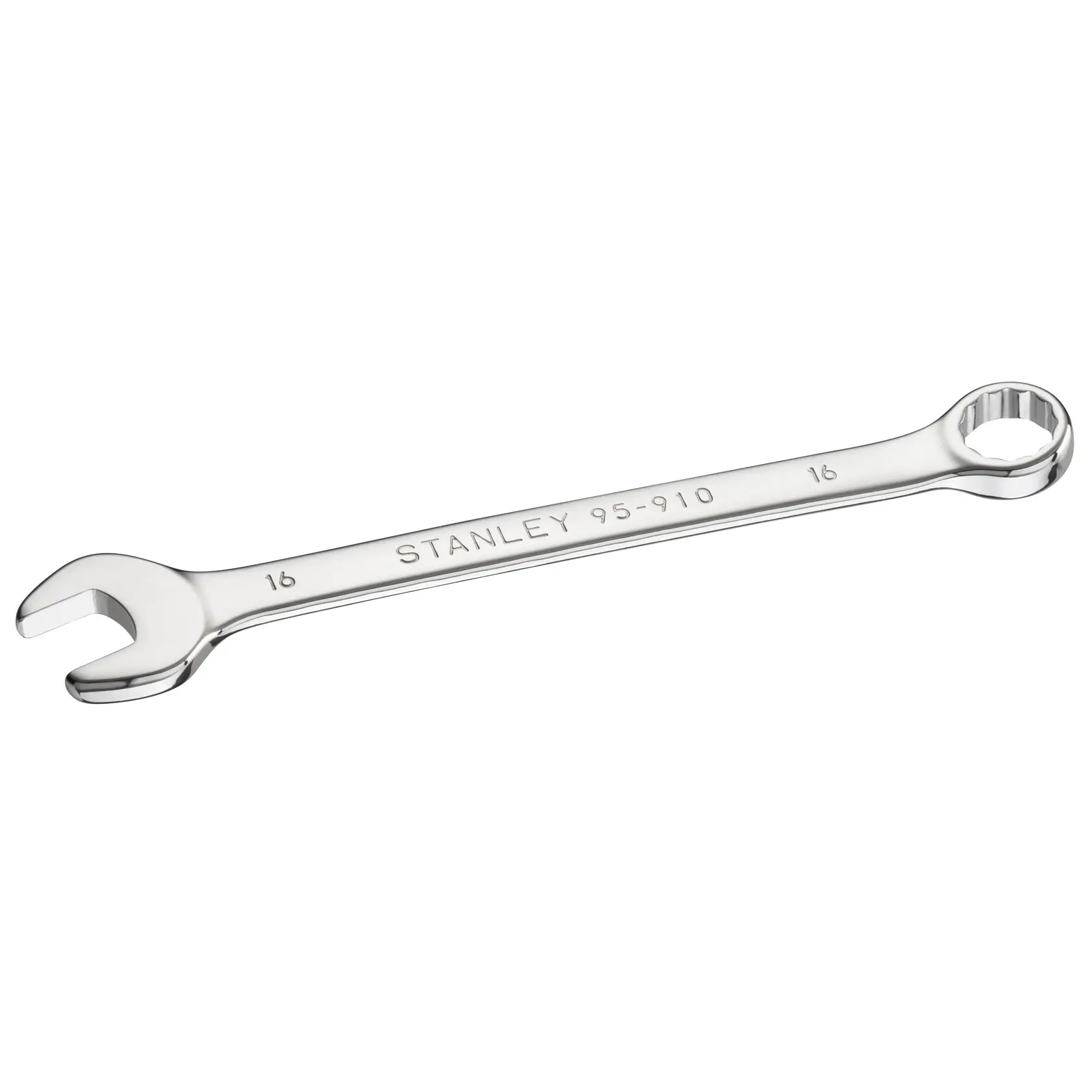Foto vom STANLEY STMT95910-0 Kombischlüssel, Chrom-Finish, schräge Ansicht auf weißem Hintergrund.