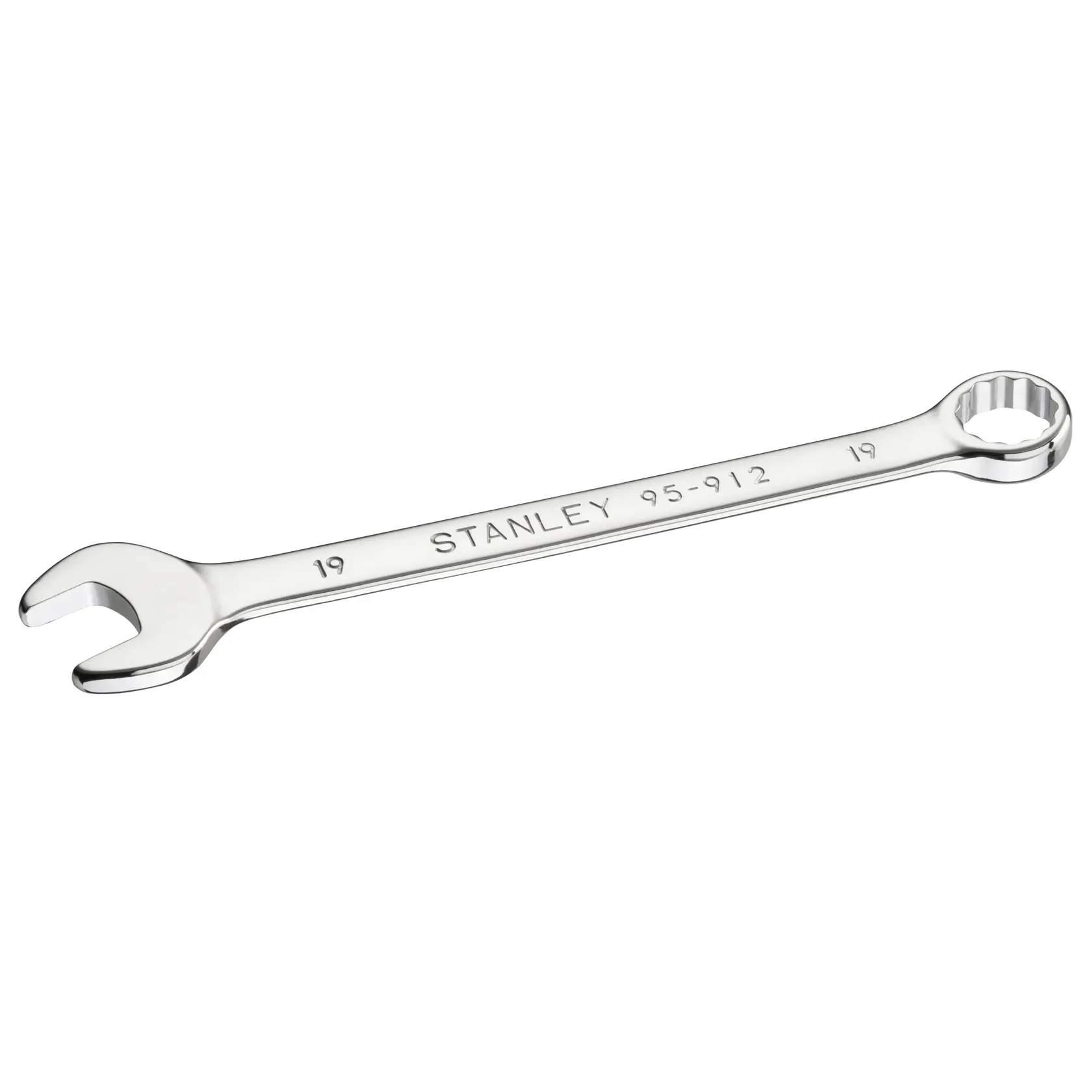 STANLEY STMT95912-0 Kombischlüssel, silbernes Metall, 19mm, Seitenansicht, weißer Hintergrund.