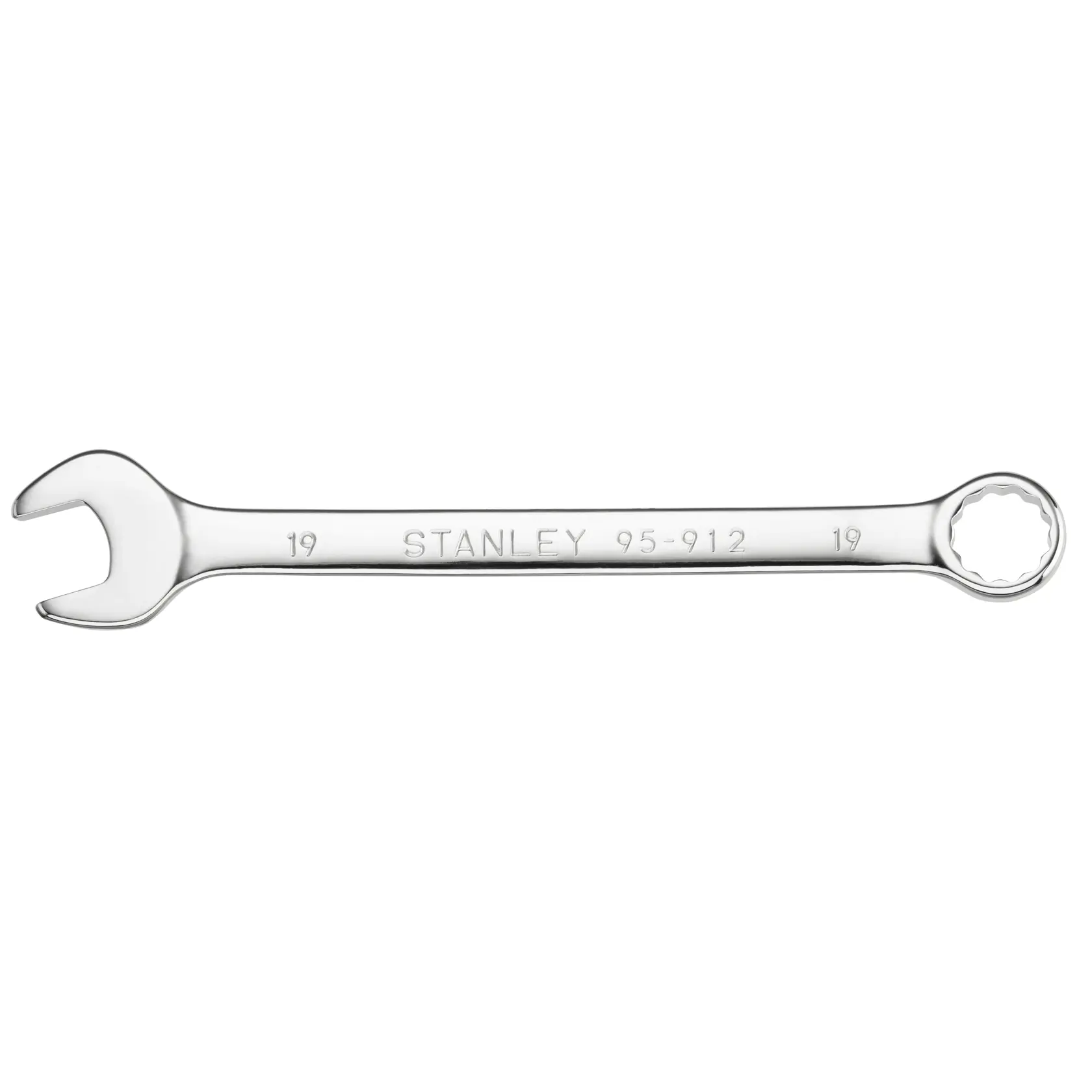 Foto von STANLEY STMT95912-0 Kombinationsschlüssel, Chrom-Finish, 19mm, Draufsicht auf weißem Hintergrund.