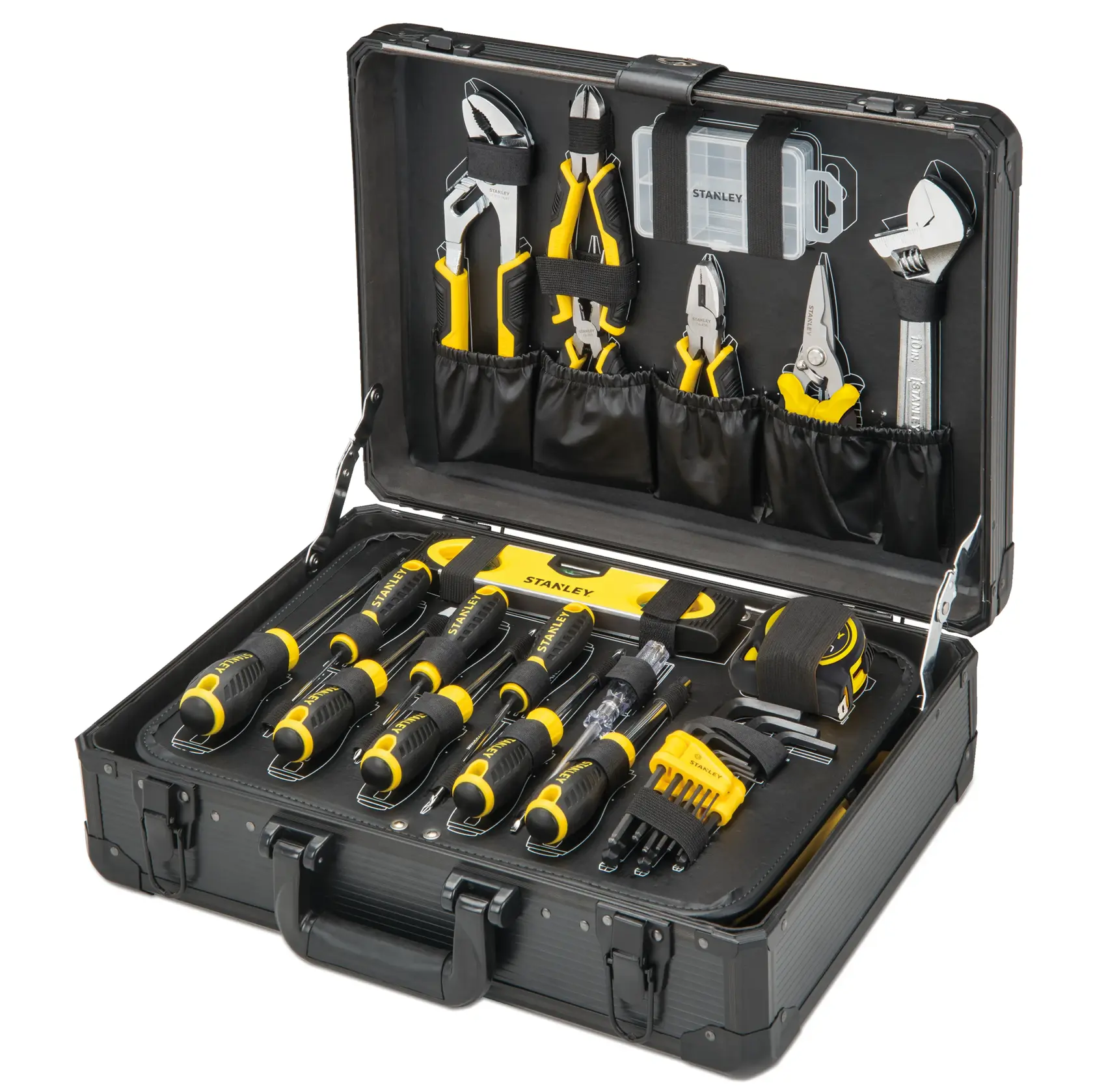 STANLEY STMT98109-1 Werkzeugkoffer mit gelb-schwarzen Handwerkzeugen, Vorderansicht.