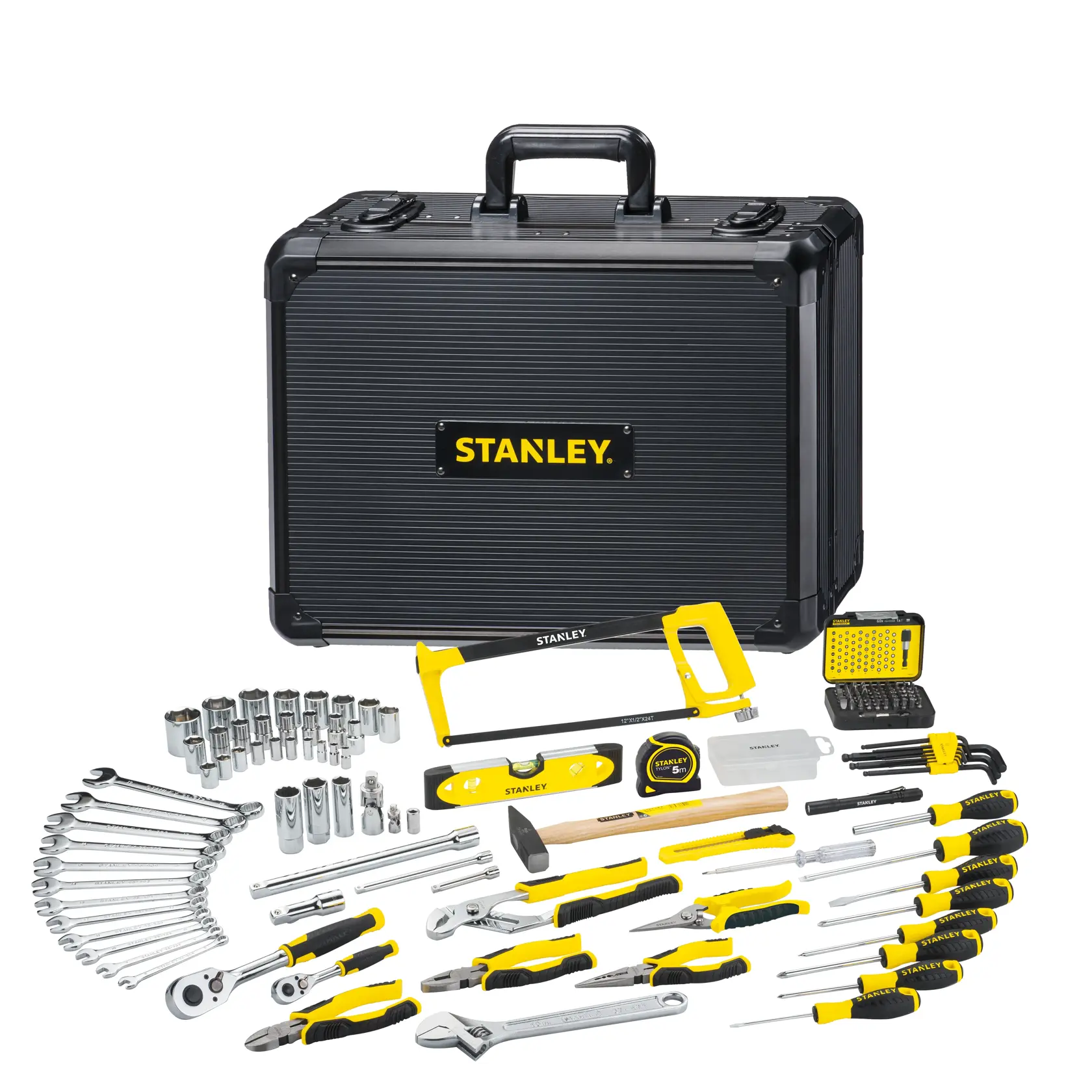 STANLEY STMT98109-1 Werkzeugset mit schwarzem Koffer, Schraubenschlüsseln, Schraubenziehern, Steckschlüsseln und Handwerkzeugen, Vorderansicht.
