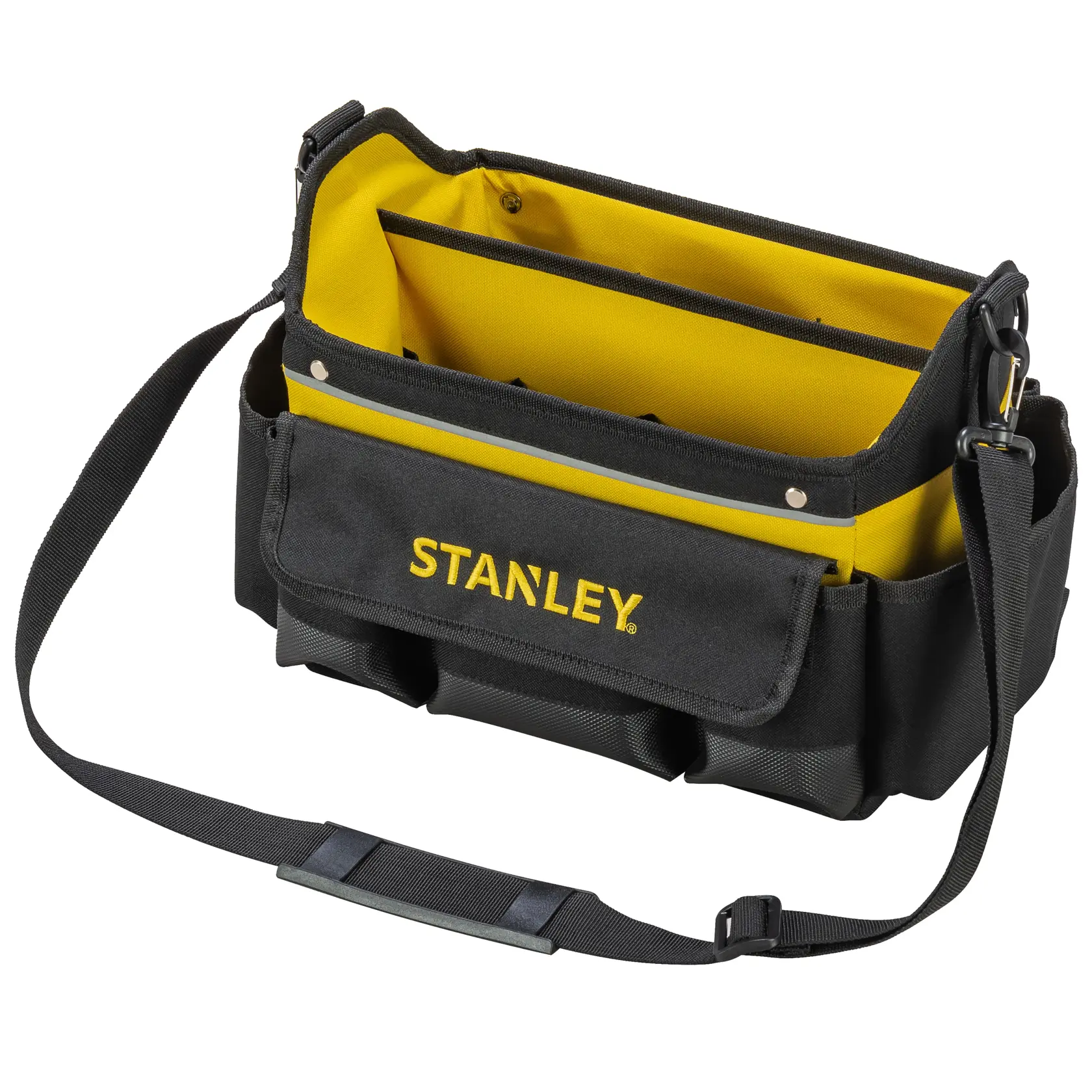 STANLEY STST1-70718 Werkzeugtasche mit Schultergurt, schwarzes und gelbes Gewebe, mehrere Fächer, schräge Ansicht.