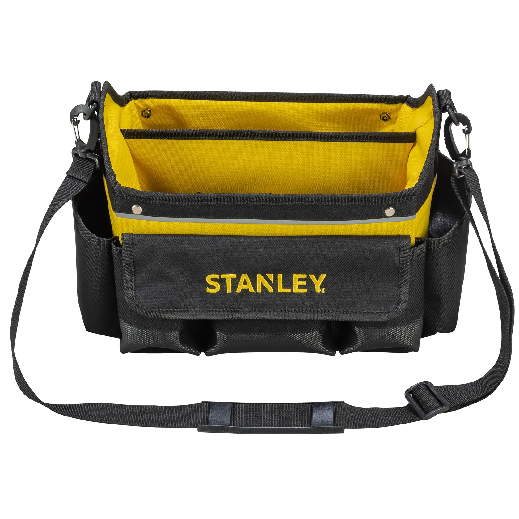 STANLEY STST1-70718 Werkzeugtasche mit Schulterriemen, schwarzes und gelbes Gewebe, Vorderansicht auf weißem Hintergrund.