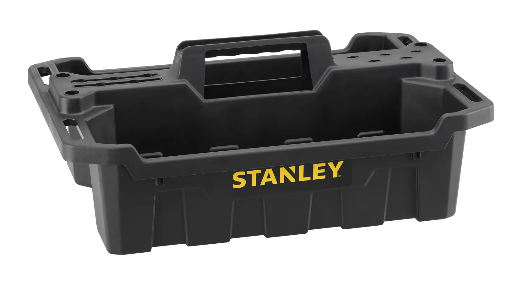 Foto von STANLEY STST1-72359 schwarzem Werkzeugträger aus Kunststoff mit Mittelgriff, offenem Deckel und gelbem STANLEY-Logo, Vorderansicht.