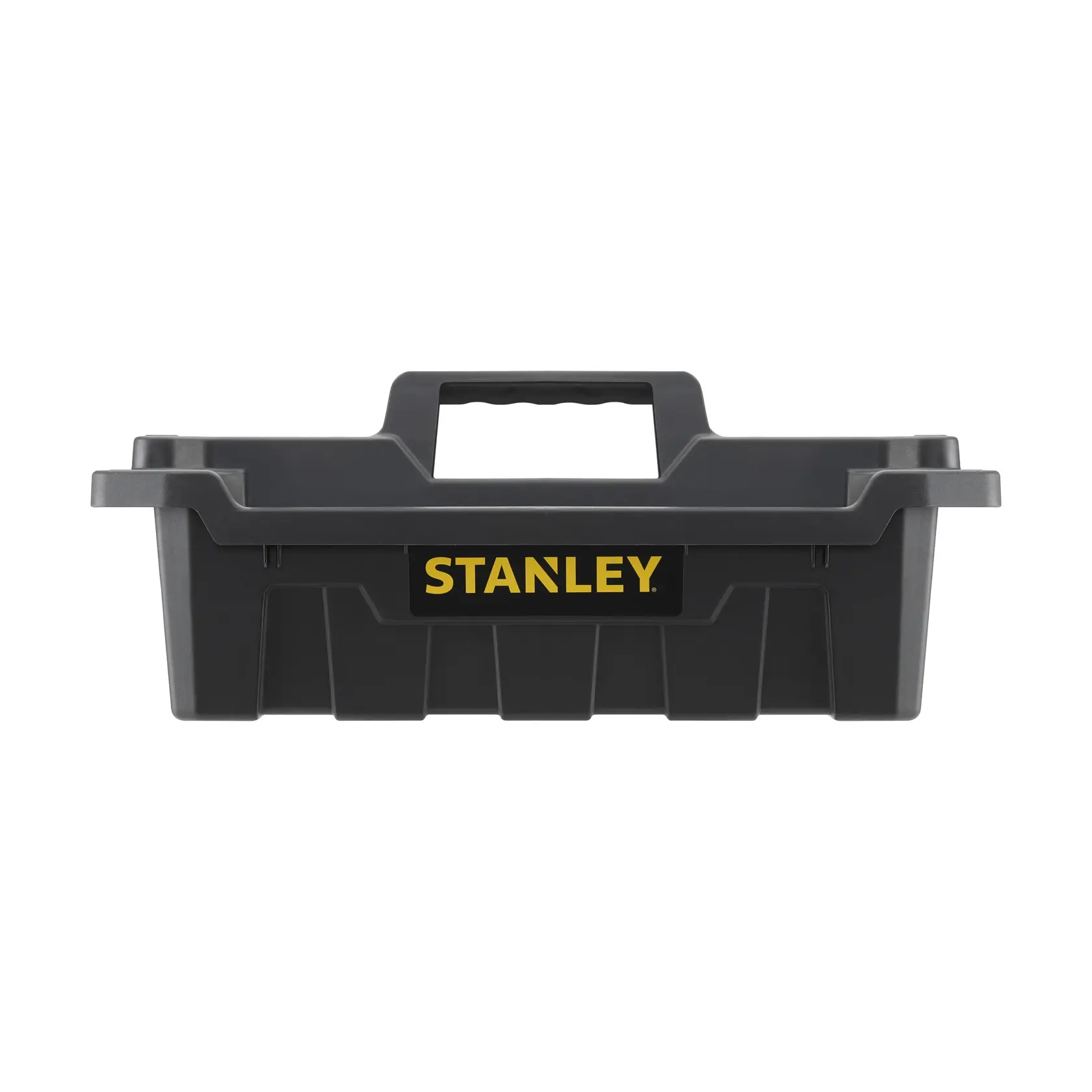 STANLEY STST1-72359 schwarze Kunststoff-Werkzeugbox mit Griff, Vorderansicht auf weißem Hintergrund.