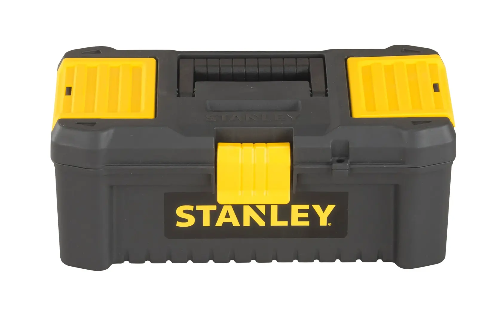 Stanley Werkzeugkasten aus Kunststoff in Schwarz und Gelb mit Griff und sicherem Verschluss.