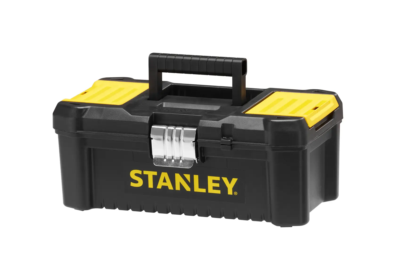 STANLEY STST1-75515 Werkzeugkasten, schwarz-gelb, Vorderansicht auf weißem Hintergrund, Metallverschluss.