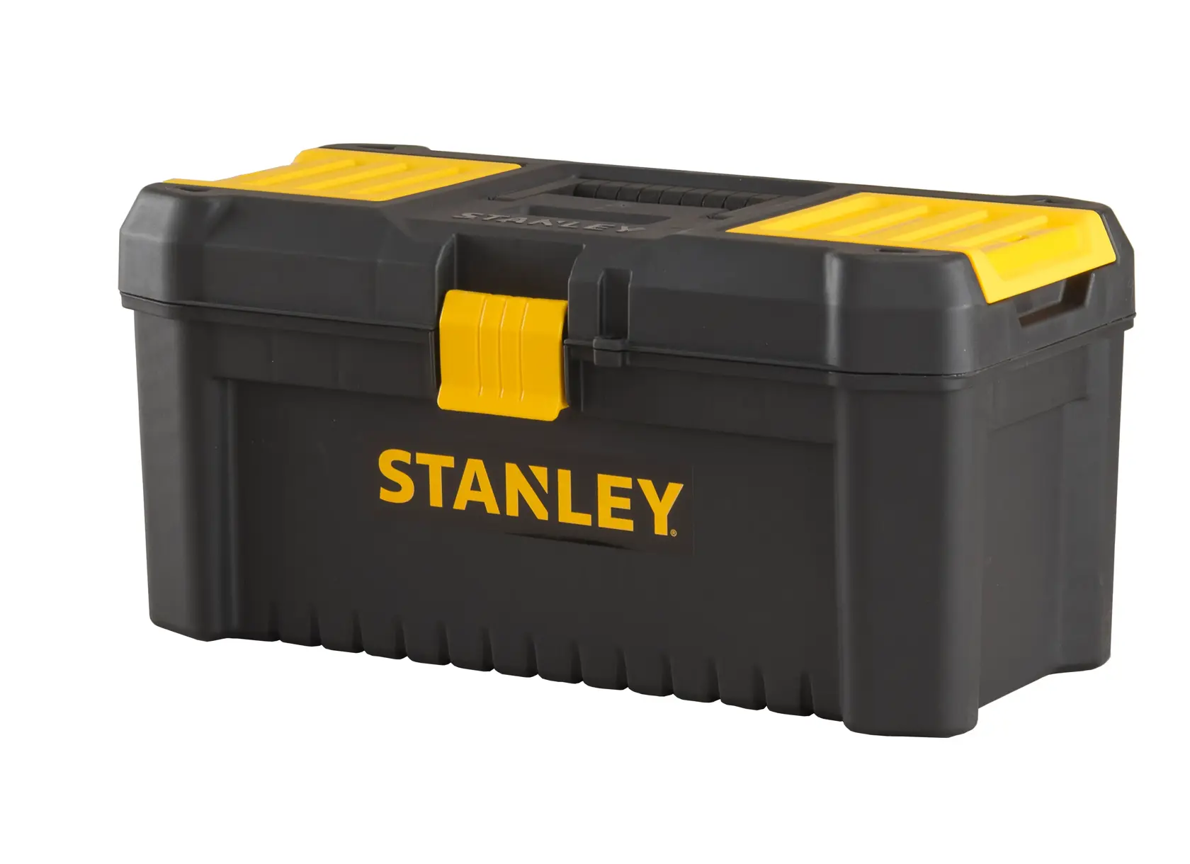 Schwarzer und gelber STANLEY Werkzeugkasten mit Griff und Verschluss für Werkzeugaufbewahrung.