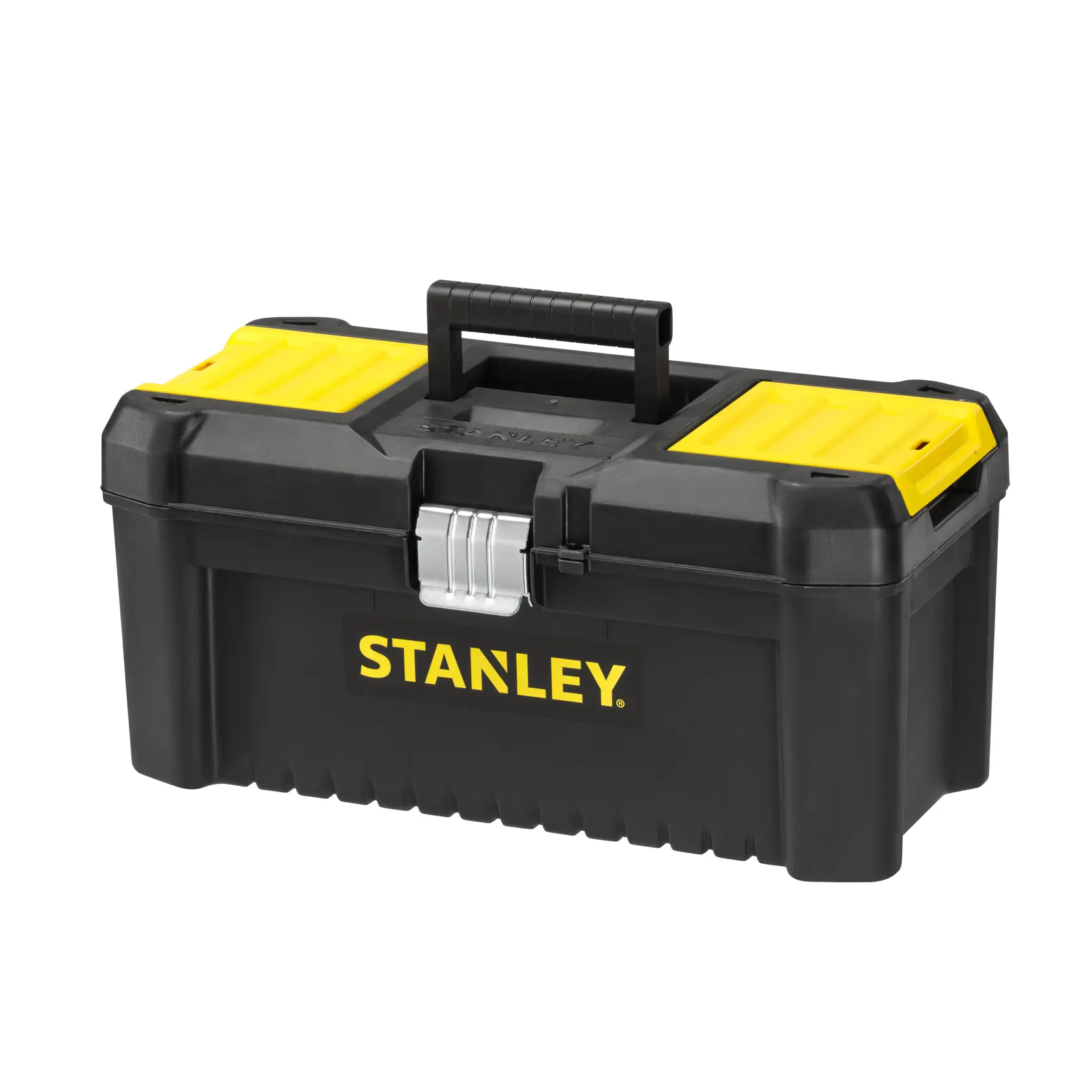 Foto des schwarzen und gelben Kunststoff-Werkzeugkastens STANLEY STST1-75518-KR mit Griff, Vorderansicht.