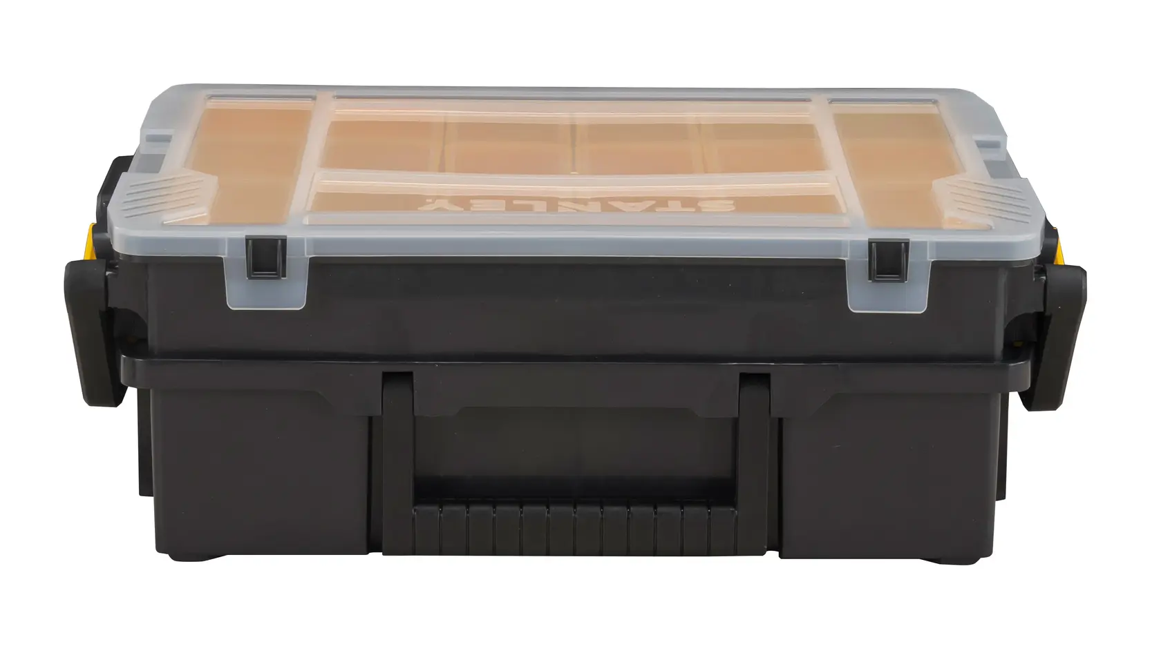 STANLEY STST1-75540 schwarze Organizer-Box mit Klarsichtdeckel, Foto von vorne.