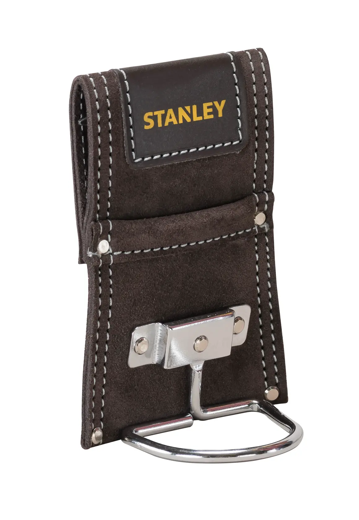 STANLEY STST1-80117 brauner Leder Hammerhalter, silberne Metallhalterung, Frontansicht Foto.
