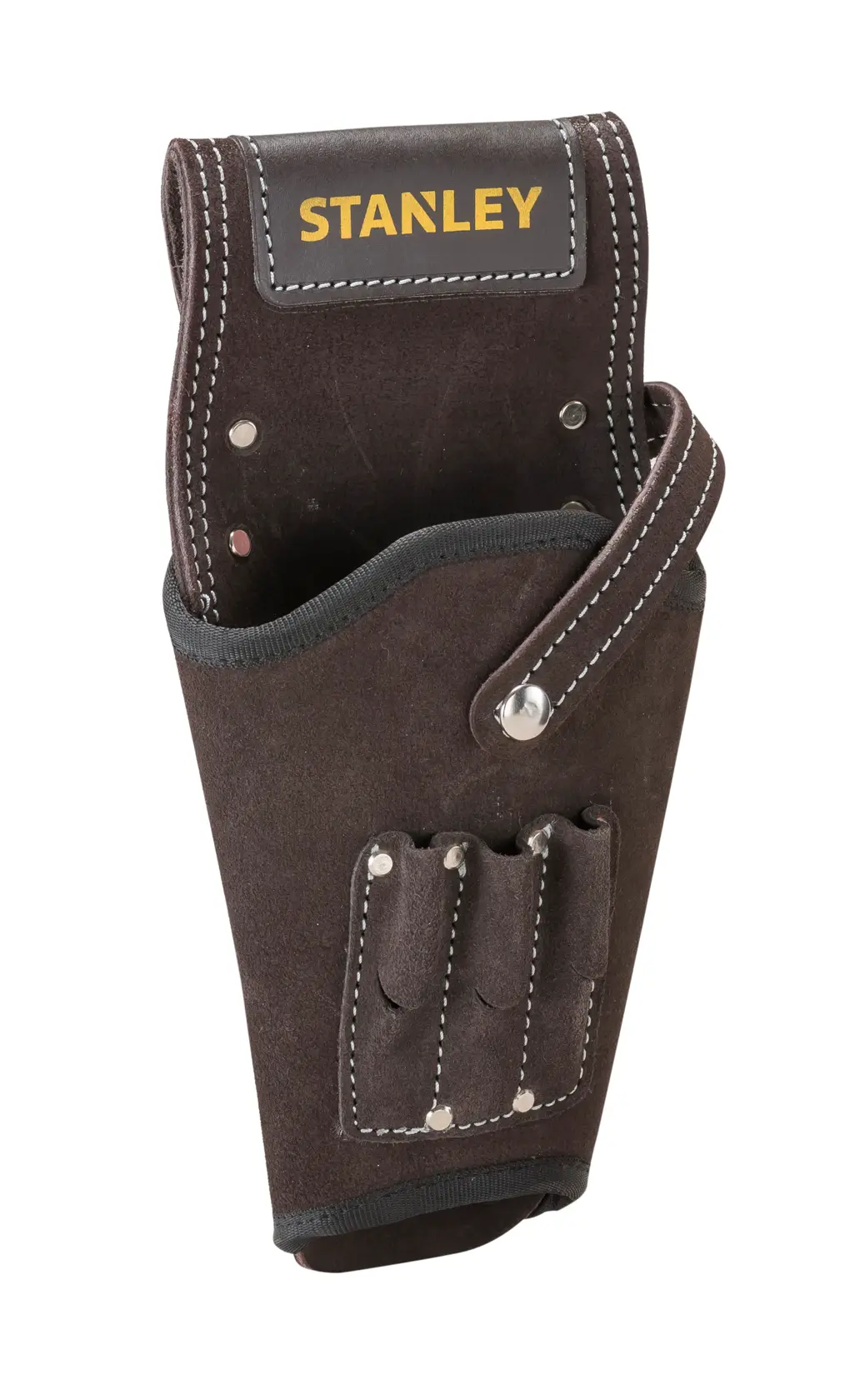 STANLEY STST1-80118 Leder-Werkzeughalter mit mehreren Taschen, schräge Vorderansicht auf weißem Hintergrund.