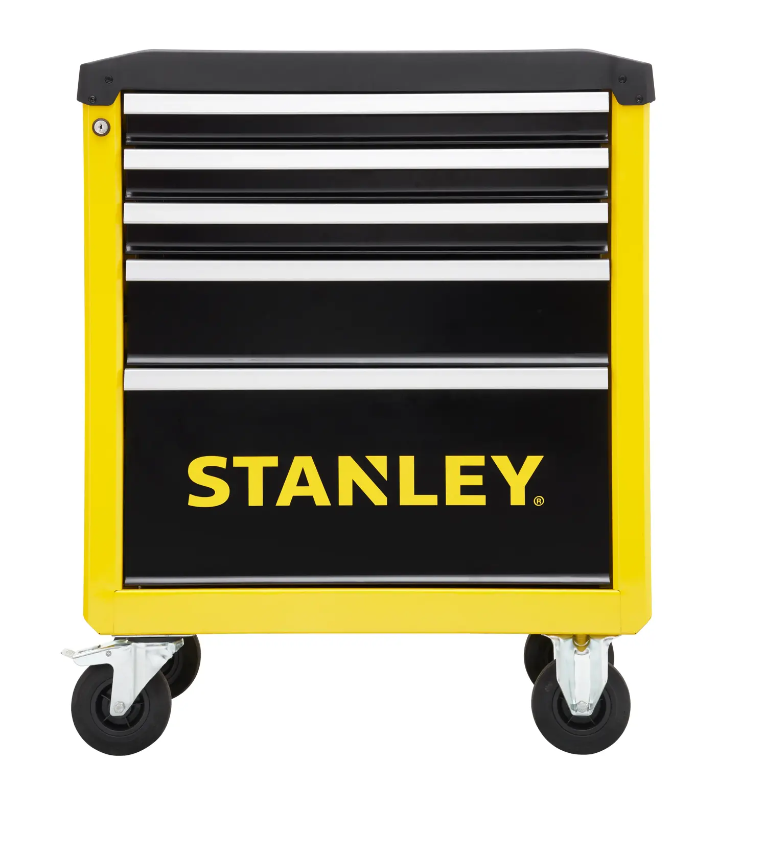 Foto des STANLEY STST74305-1 Lenkrolle mit Bremse, an gelbem Werkzeugschrank, Nahaufnahme seitlich.