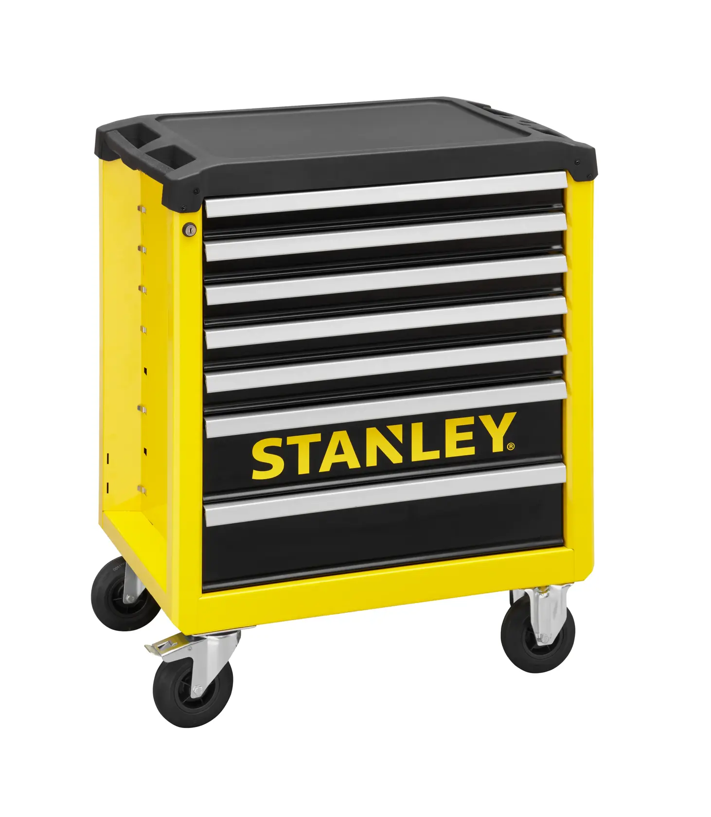 STANLEY STST74306-1 gelb-schwarzer Rollwerkzeugkasten in Garage, niedriger Winkel, neben rotem Fahrgestell.