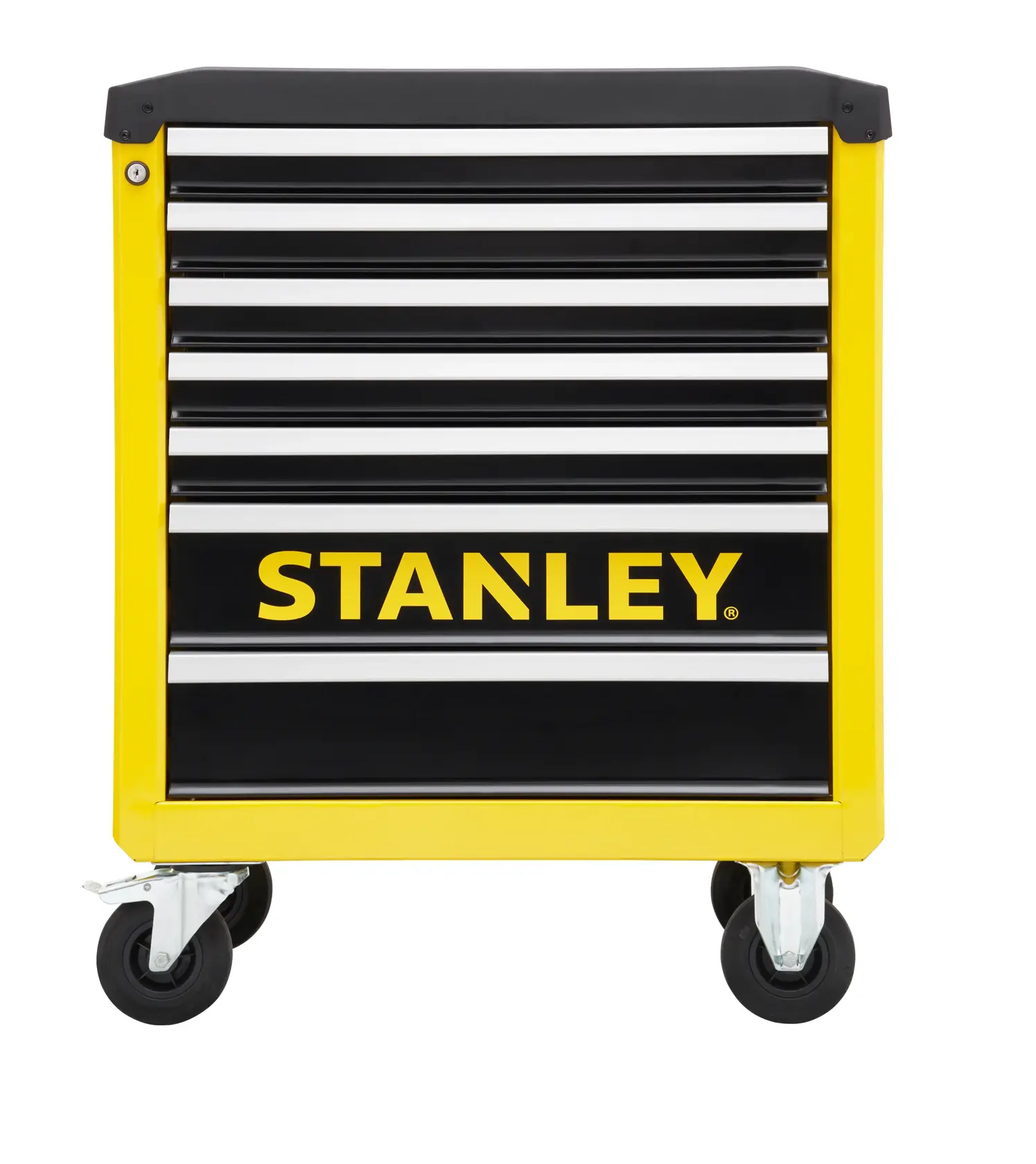 STANLEY STST74306-1 Fotografie gelber Werkzeugkasten-Lenkrolle mit Fuß auf Bremshebel, Seitenansicht.