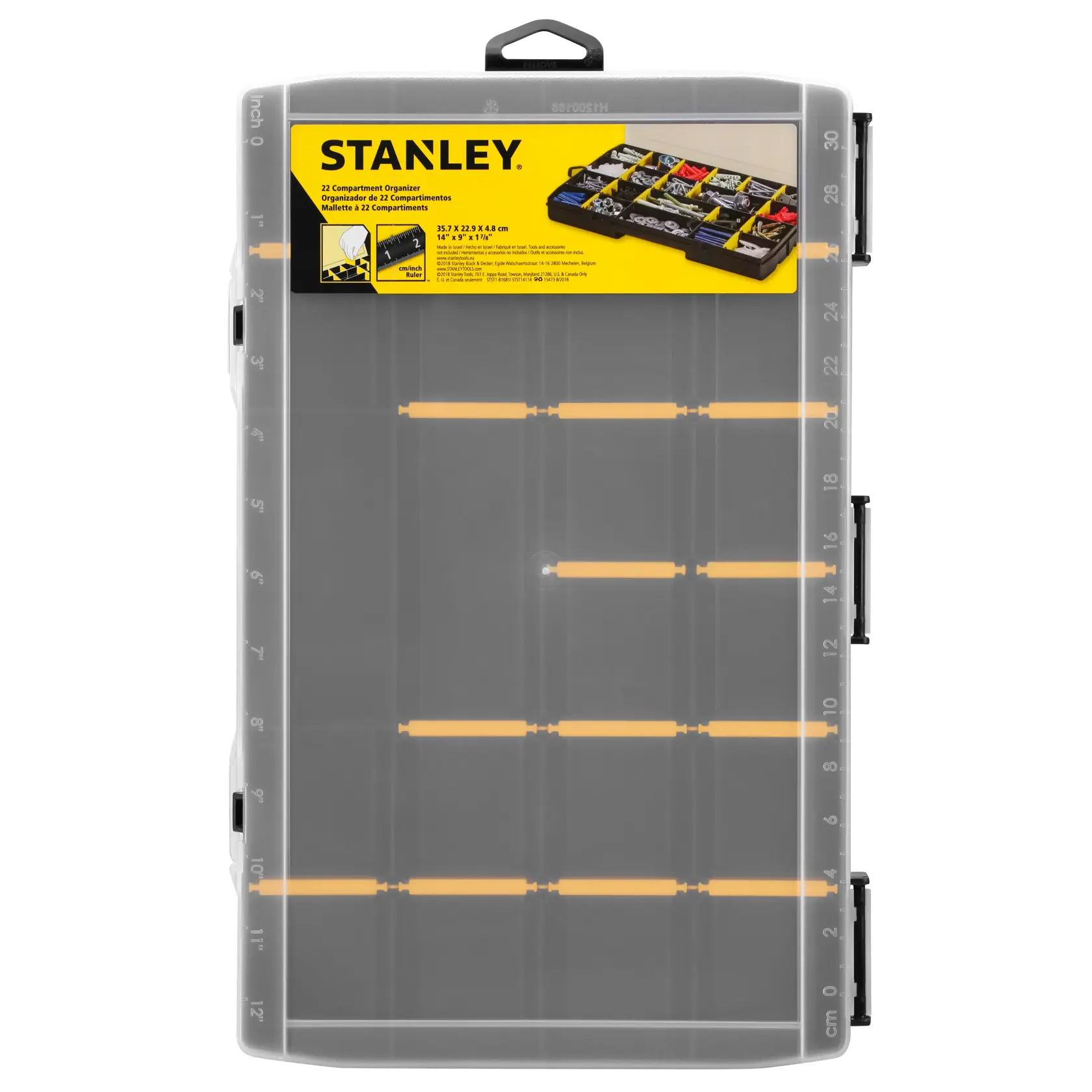 STANLEY STST81681-1 Organizer-Box aus Kunststoff mit 22 Fächern, transparenter Deckel, Draufsicht, Werkzeugaufbewahrung.