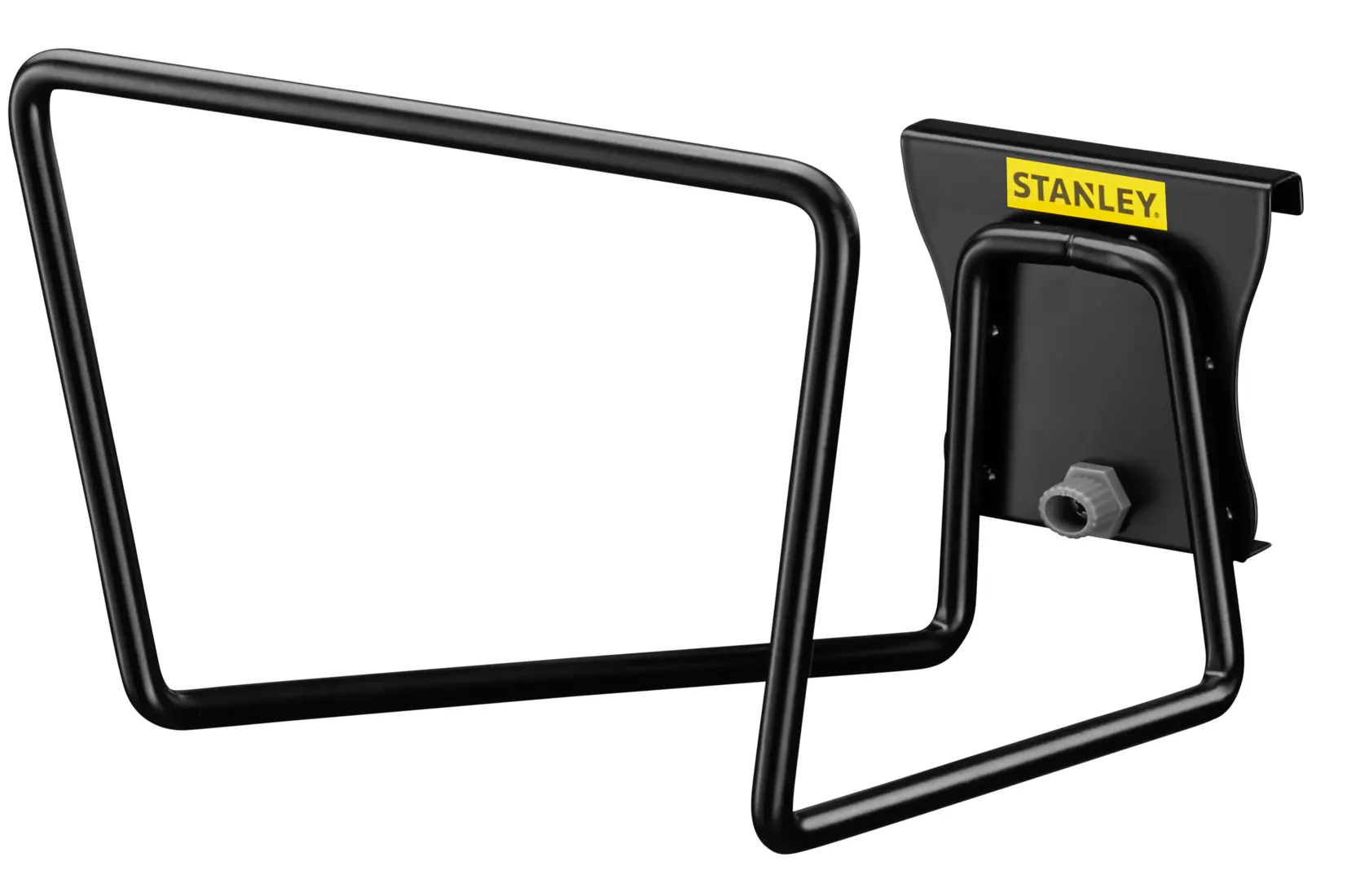 STANLEY STST82604-1 schwarzer Metall-Schlauchhalter, Frontansicht, gelbes Markenlabel auf Platte.
