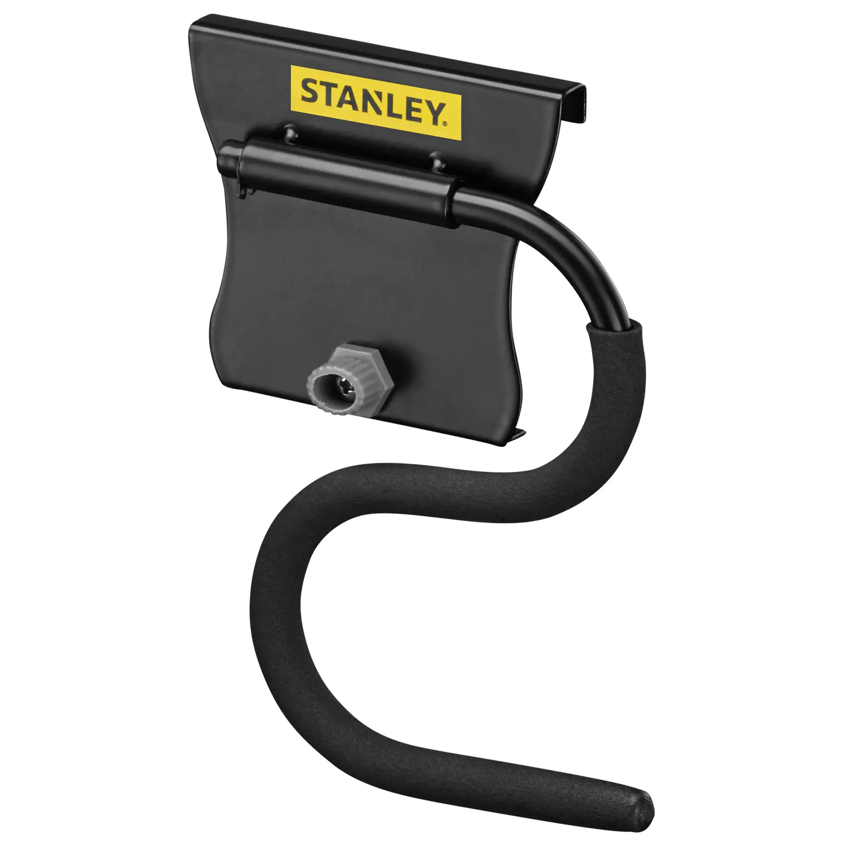 STANLEY STST82605-1 schwarzer Wandhaken mit Schaumstoffpolsterung, Seitenansicht auf weißem Hintergrund.