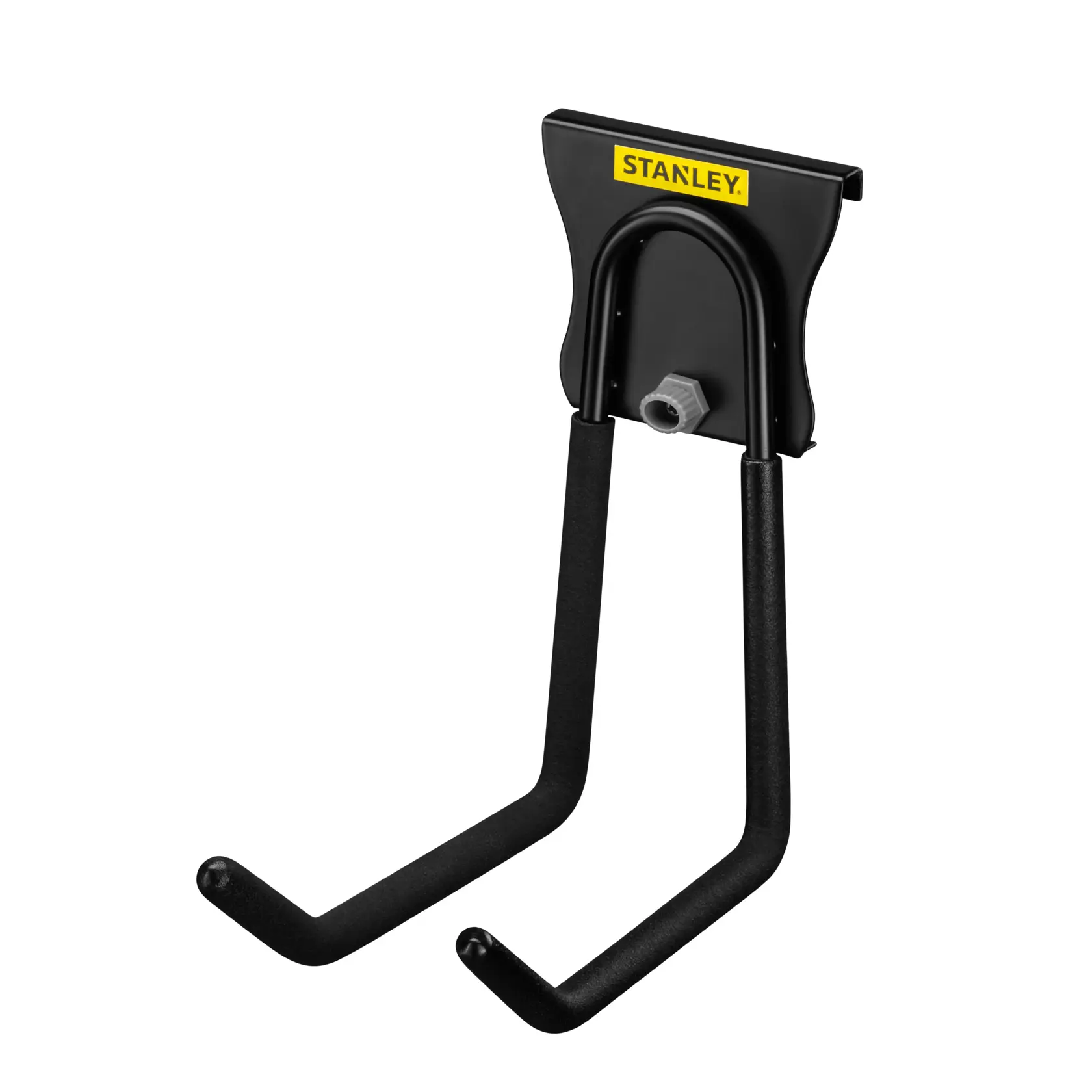 STANLEY STST82608-1 schwarzer Wand-Doppelhaken, Produktfoto aus Frontalansicht.
