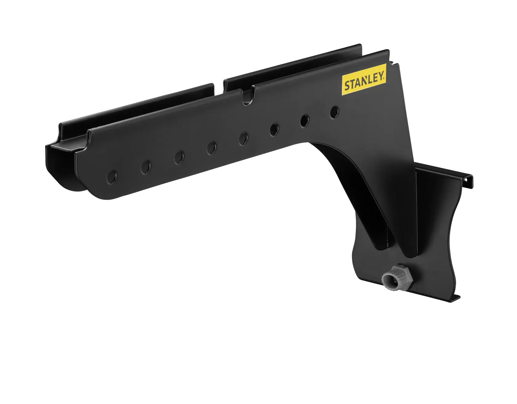 STANLEY STST82612-1 schwarze Wandhalterung, schräge Ansicht, Metallbefestigung für Regale.
