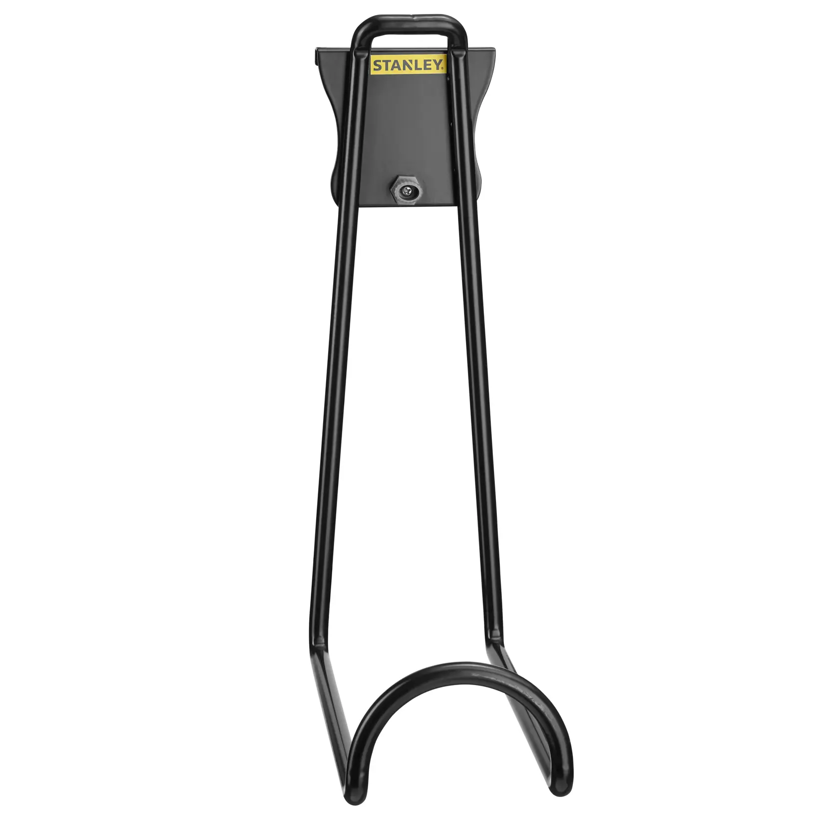 STANLEY STST82614-1 schwarzer Wand-Schlauchhalter aus Metall, Vorderansicht, weißer Hintergrund.
