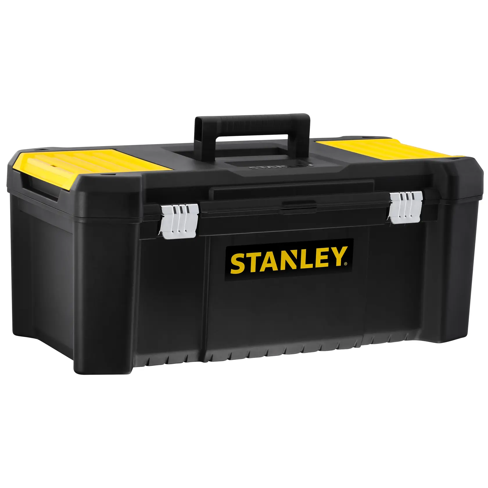 STANLEY STST82976-1 schwarzer Werkzeugkasten mit gelben Akzenten, Vorderansicht, weißer Hintergrund.