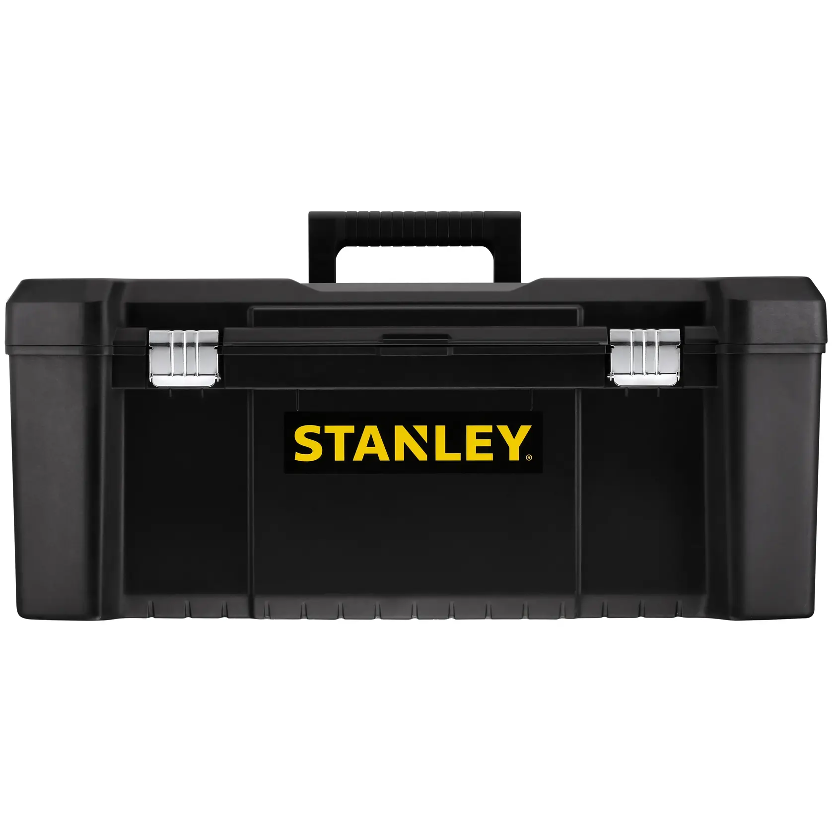 STANLEY STST82976-1 schwarzer Werkzeugkasten aus Kunststoff mit Metallverschlüssen, Frontansicht auf Weiß.