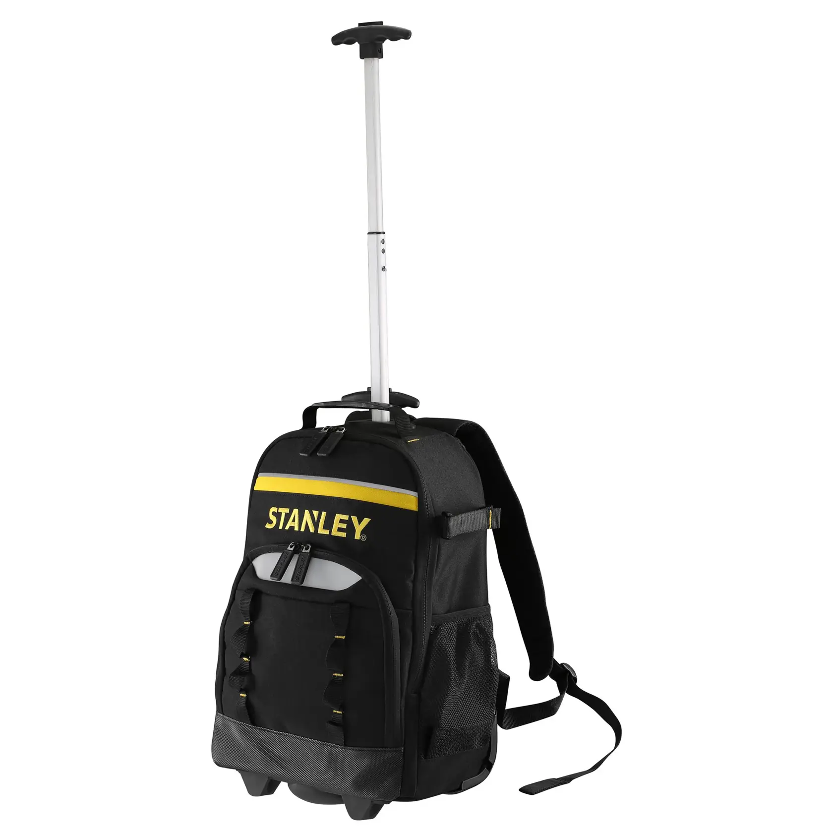 STANLEY STST83307-1 schwarzer Rollrucksack mit Teleskopgriff, Front- und Seitentaschen, Studioansicht.