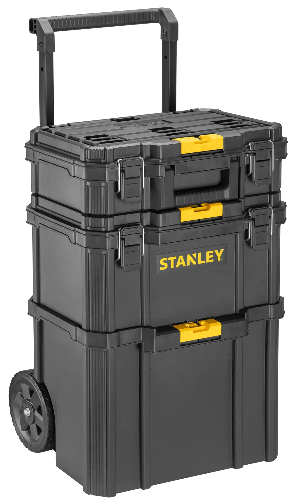 Stanley STST83319-1 Rollwerkzeugkasten, schwarz mit gelben Verschlüssen, Vorderansicht, Fotografieprodukt.