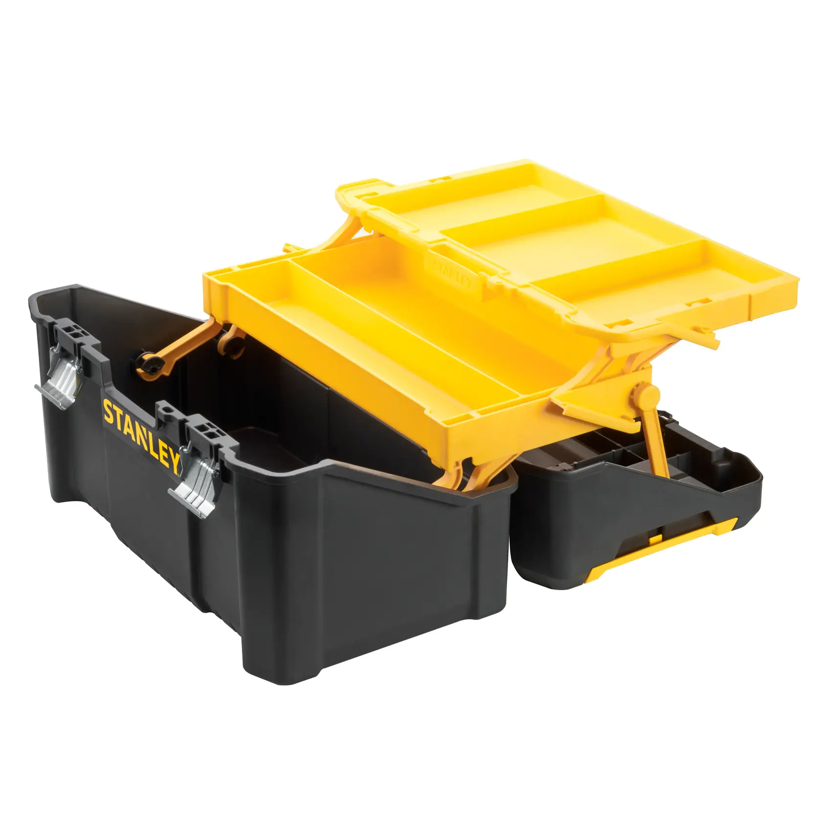 STANLEY STST83397-1 Werkzeugbox mit ausklappbaren Fächern, schwarz und gelb, Vorderansicht, weißer Hintergrund.