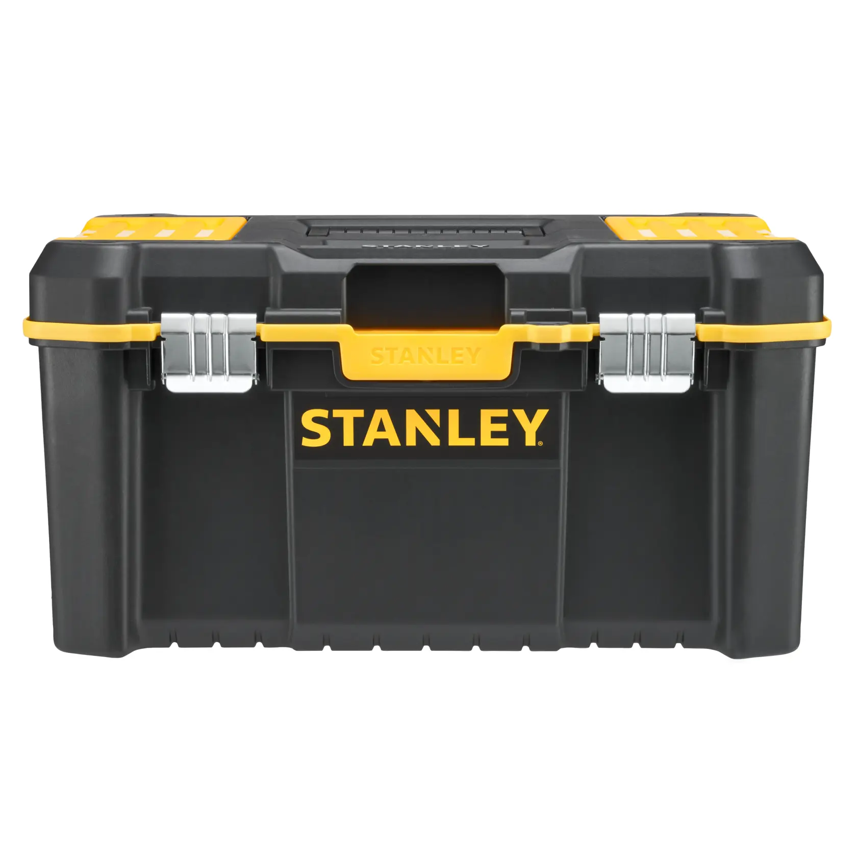 STANLEY STST83397-1 schwarze und gelbe Werkzeugbox mit Metallschließen, Vorderansicht auf weißem Hintergrund.