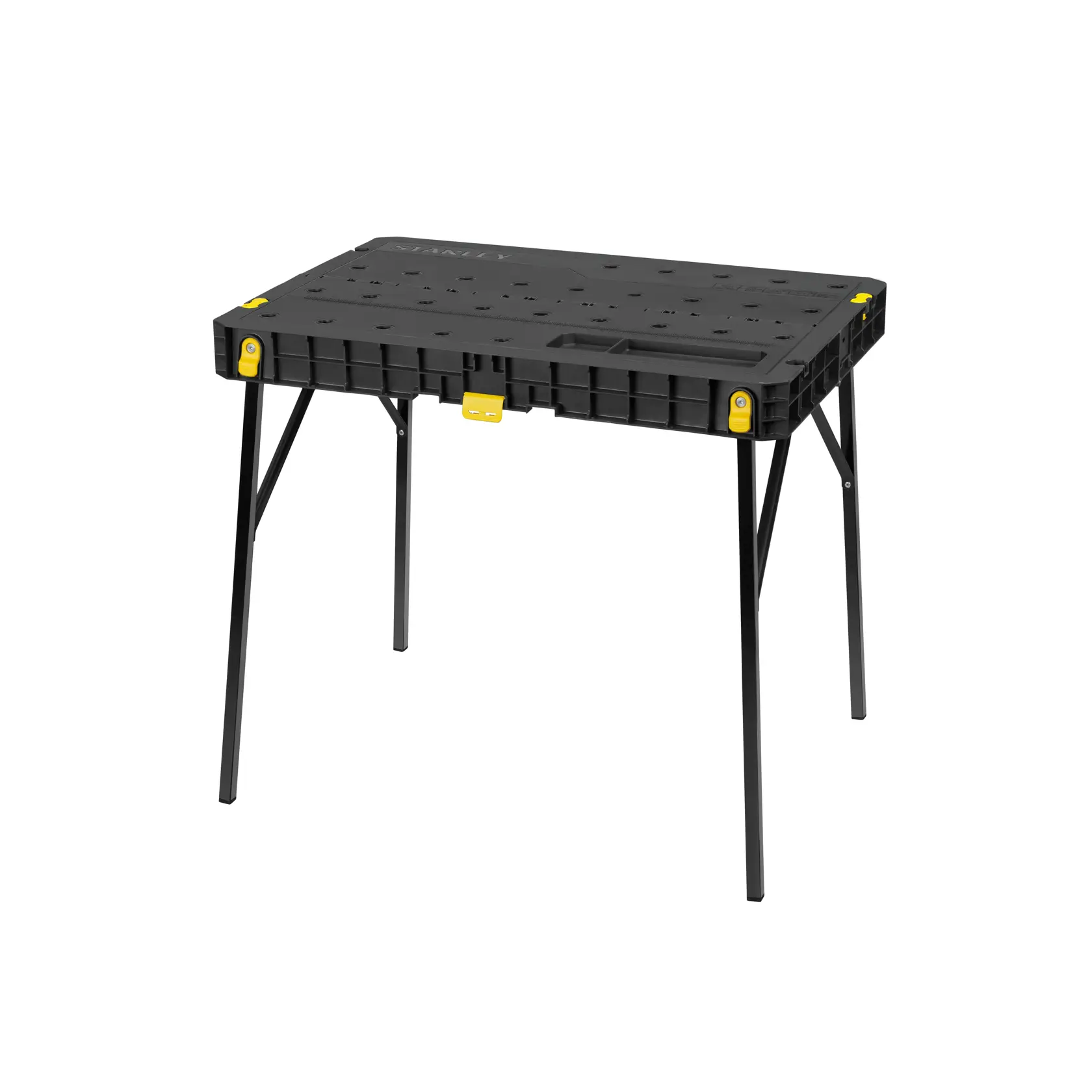 STANLEY STST83492-1 klappbarer Arbeitstisch mit schwarzer Platte, gelben Akzenten und Metallbeinen, Vorderansicht auf weißem Hintergrund.