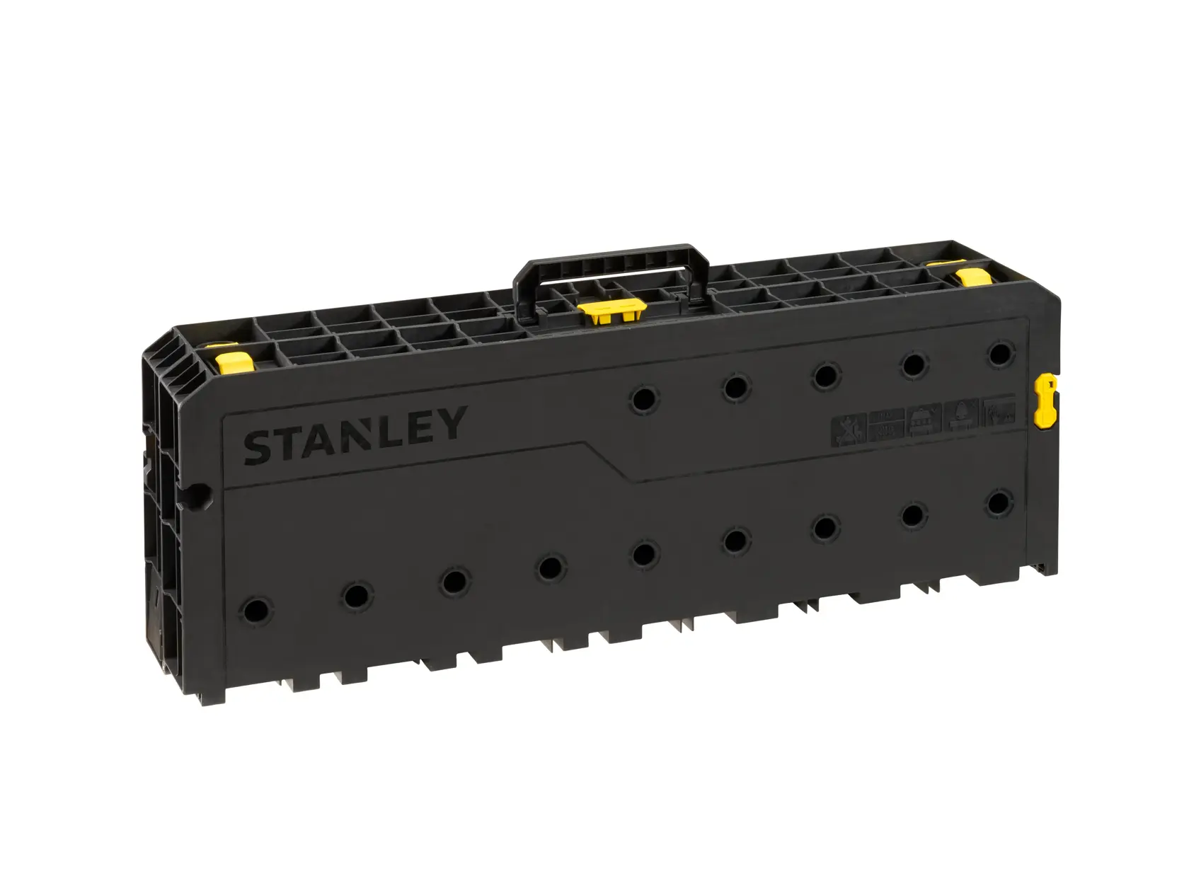 Foto des STANLEY STST83492-1 schwarzen Kunststoff-Werkzeugorganizers, Vorderansicht, gelber Verschluss, Griff oben.